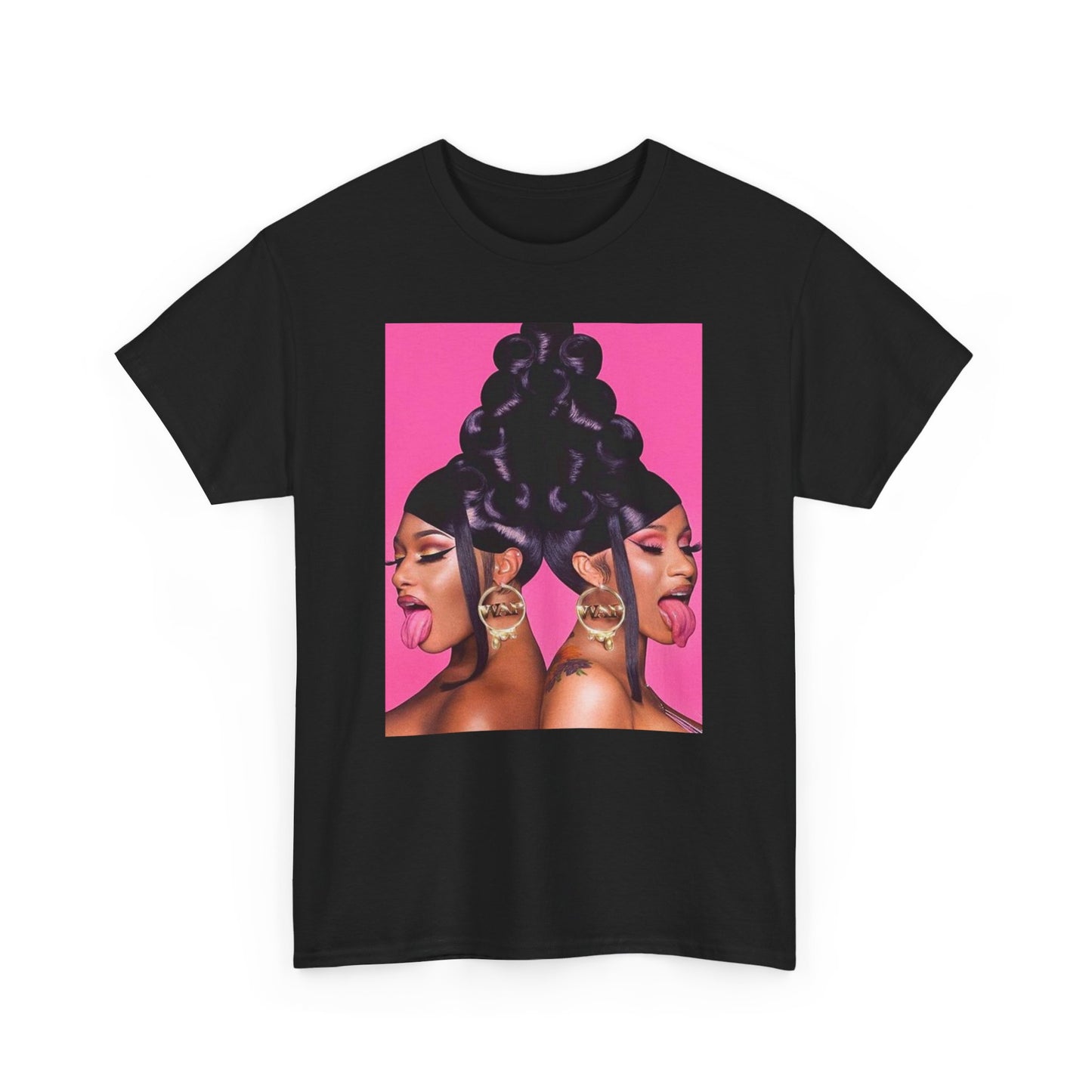 A black graphic t-shirt featuring a graphic of Megan Thee Stallion with rap vibes.