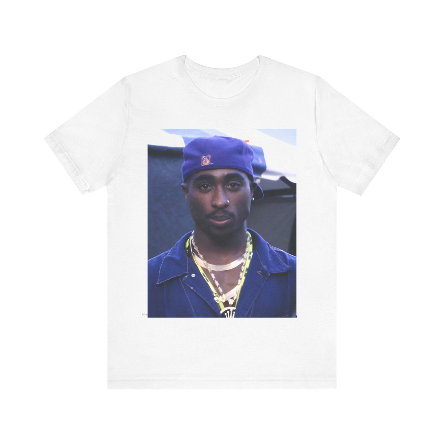 A black graphic t-shirt featuring a graphic related to Tupac's 'California Love' song or era.