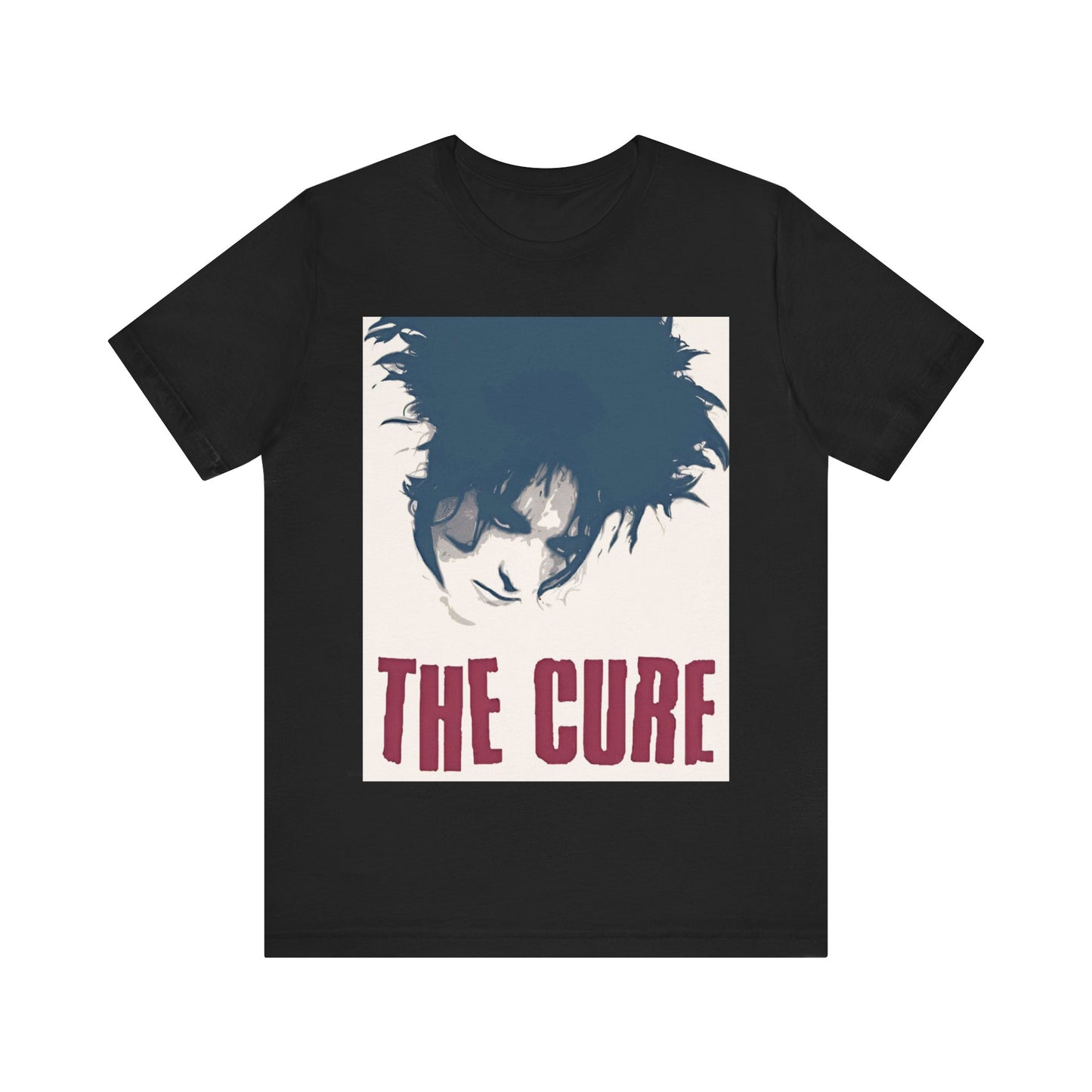 A black graphic t-shirt featuring a graphic related to The Cure's 'Boys Don't Cry' song or era.