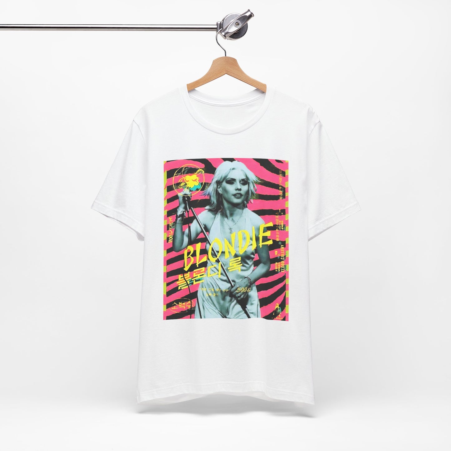 A black graphic t-shirt featuring a retro 70s pop art style graphic of Blondie.