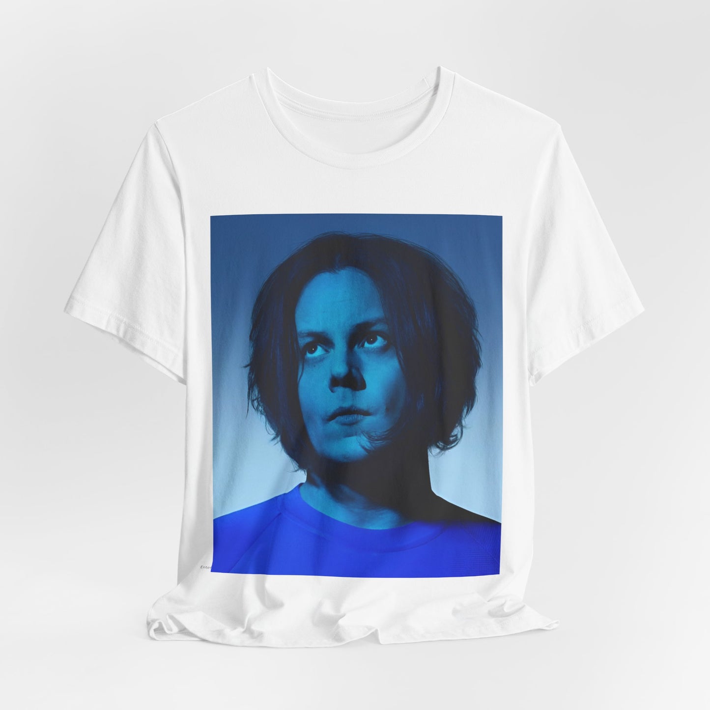 A black graphic t-shirt featuring a portrait photo of Jack White from The White Stripes.