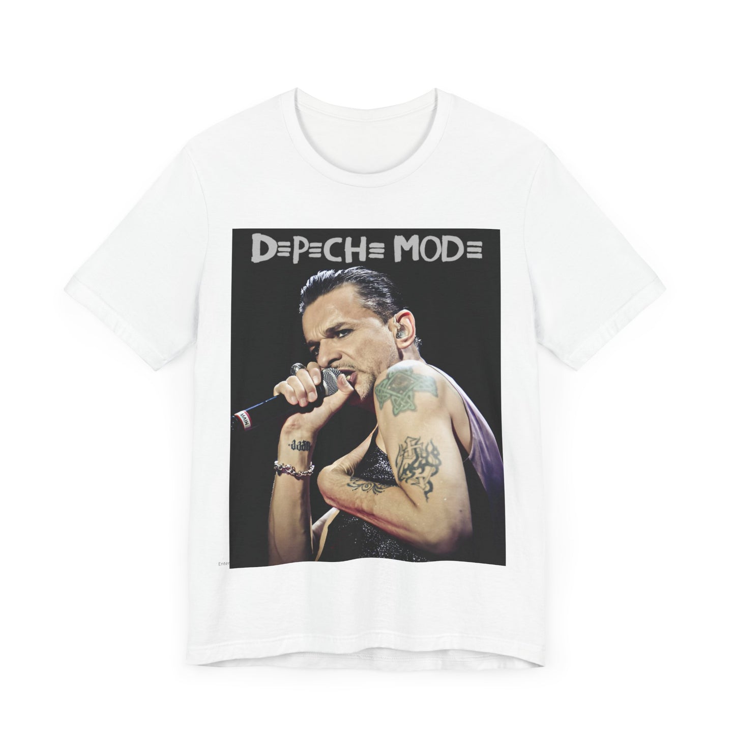 A black graphic t-shirt featuring a graphic of Dave Gahan from Depeche Mode, emphasizing his dynamic stage presence.