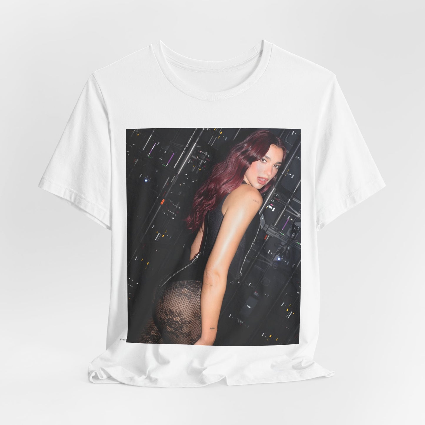 A black graphic t-shirt featuring a graphic related to Dua Lipa's "Houdini" new era.