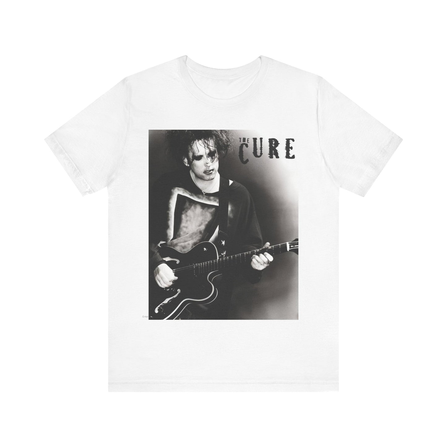 A black graphic t-shirt featuring a vintage goth rock graphic of The Cure.