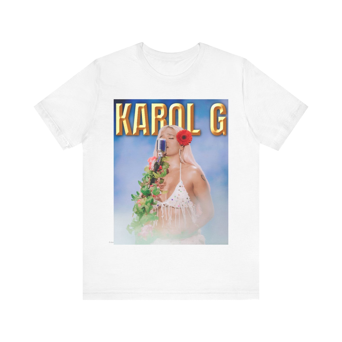 A black graphic t-shirt featuring a graphic of Karol G as a classic Latin pop queen.