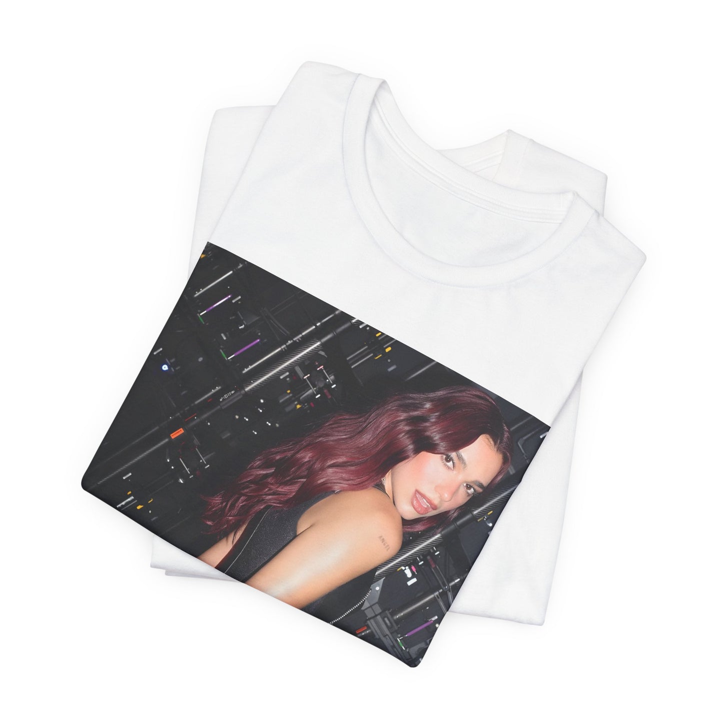 A black graphic t-shirt featuring a graphic related to Dua Lipa's "Houdini" new era.