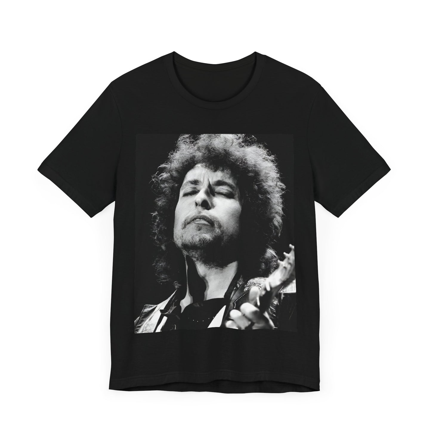 A black graphic t-shirt featuring a retro black and white graphic or photo of Bob Dylan performing live.