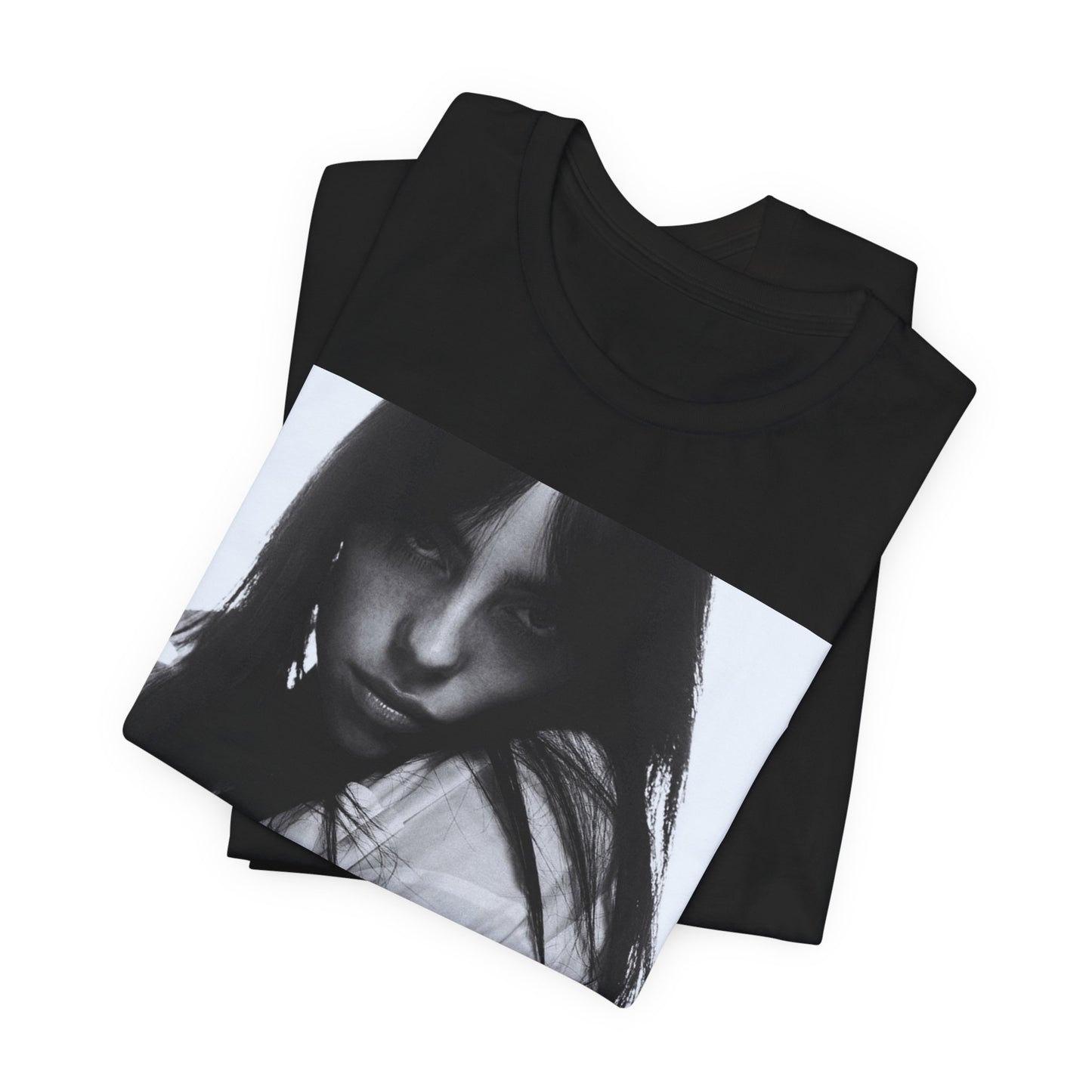 Billie Eilish posing in her signature oversized designer streetwear, printed on a graphic t-shirt.