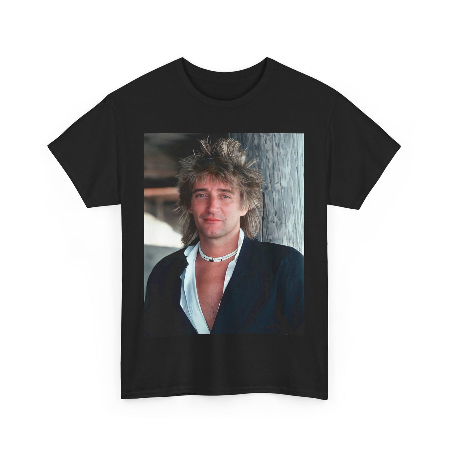 A black graphic t-shirt featuring a graphic of Rod Stewart as a cool British rocker.