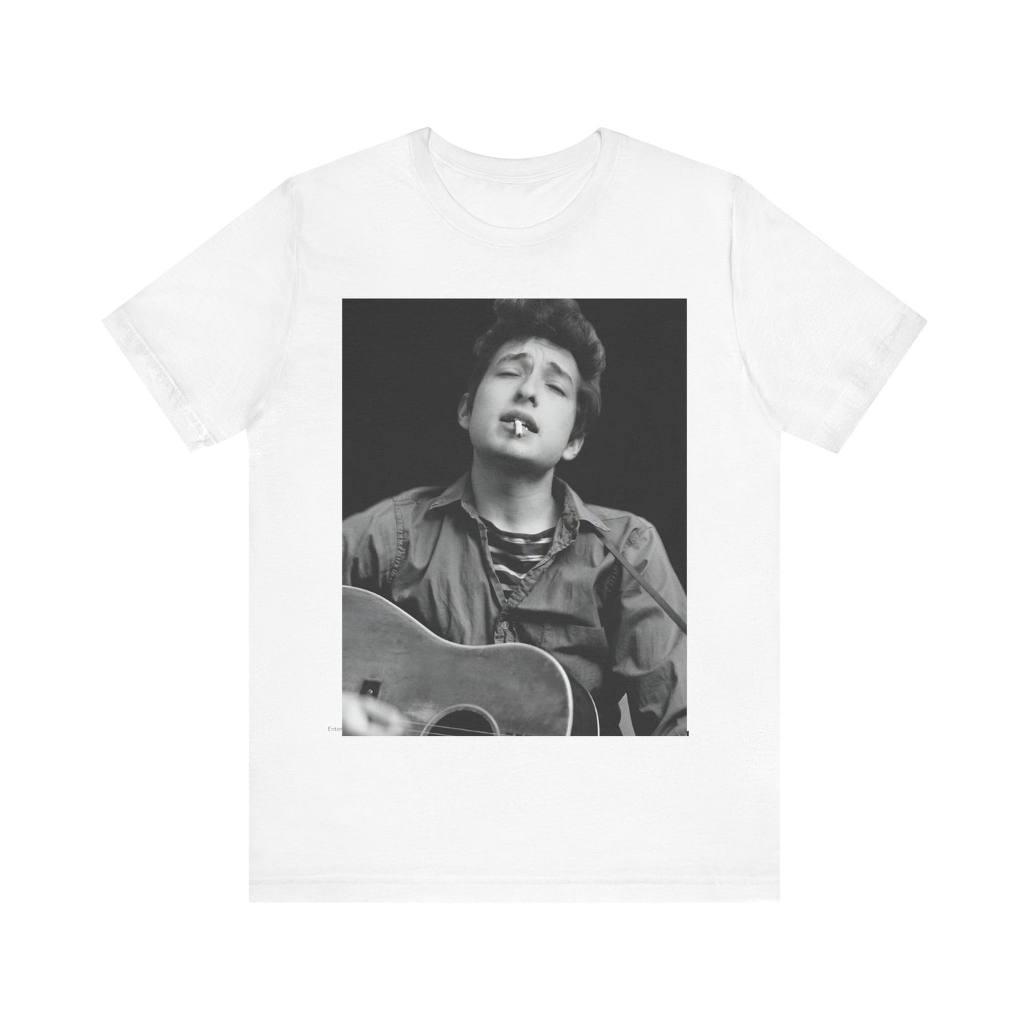 A black graphic t-shirt featuring a photo of Bob Dylan with his acoustic guitar.