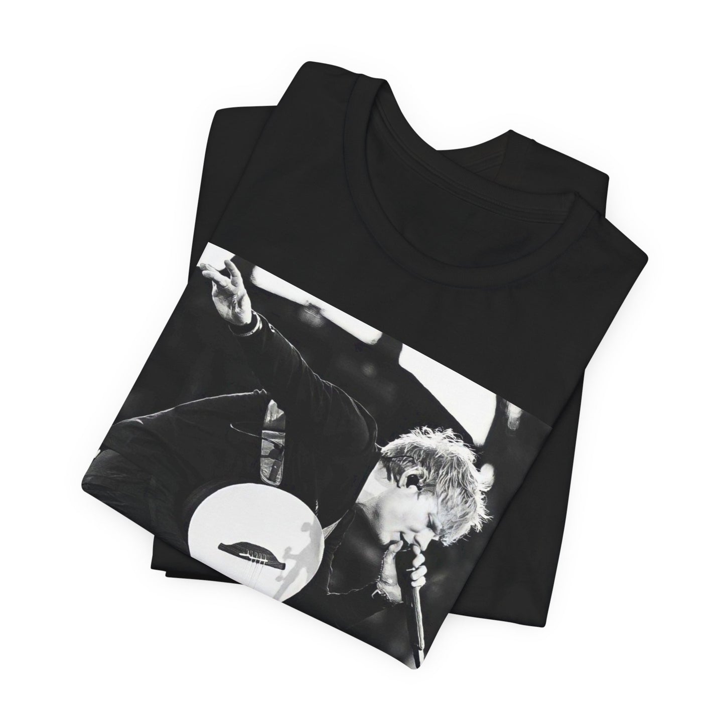A black graphic t-shirt featuring a vintage graphic of Ed Sheeran performing live.