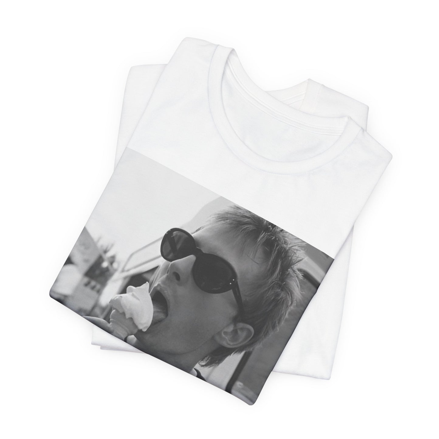 A black graphic t-shirt featuring a graphic of Thom Yorke from Radiohead with an ice cream cone.