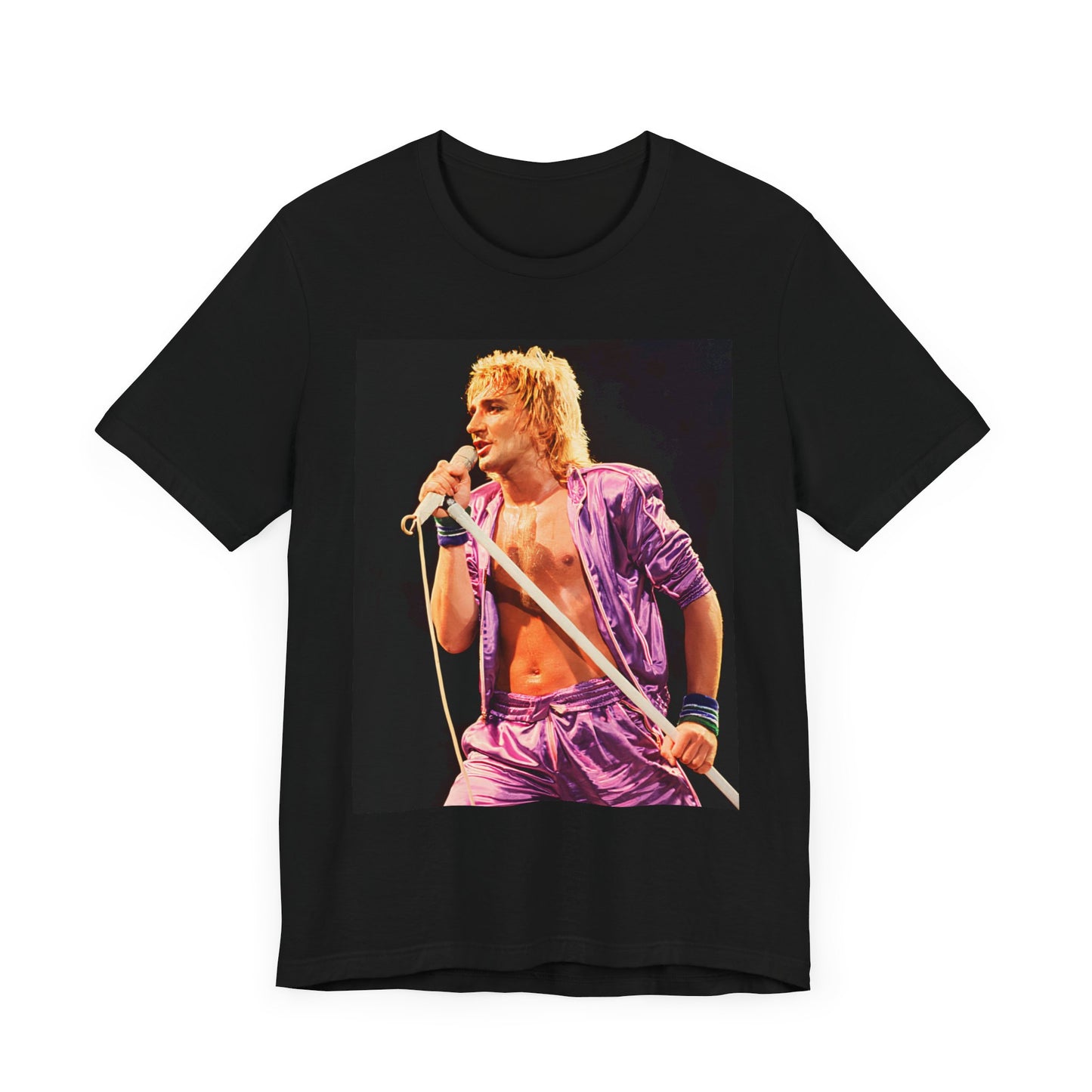A black graphic t-shirt featuring a retro graphic related to Rod Stewart's 'Do Ya Think I'm Sexy' song or era.