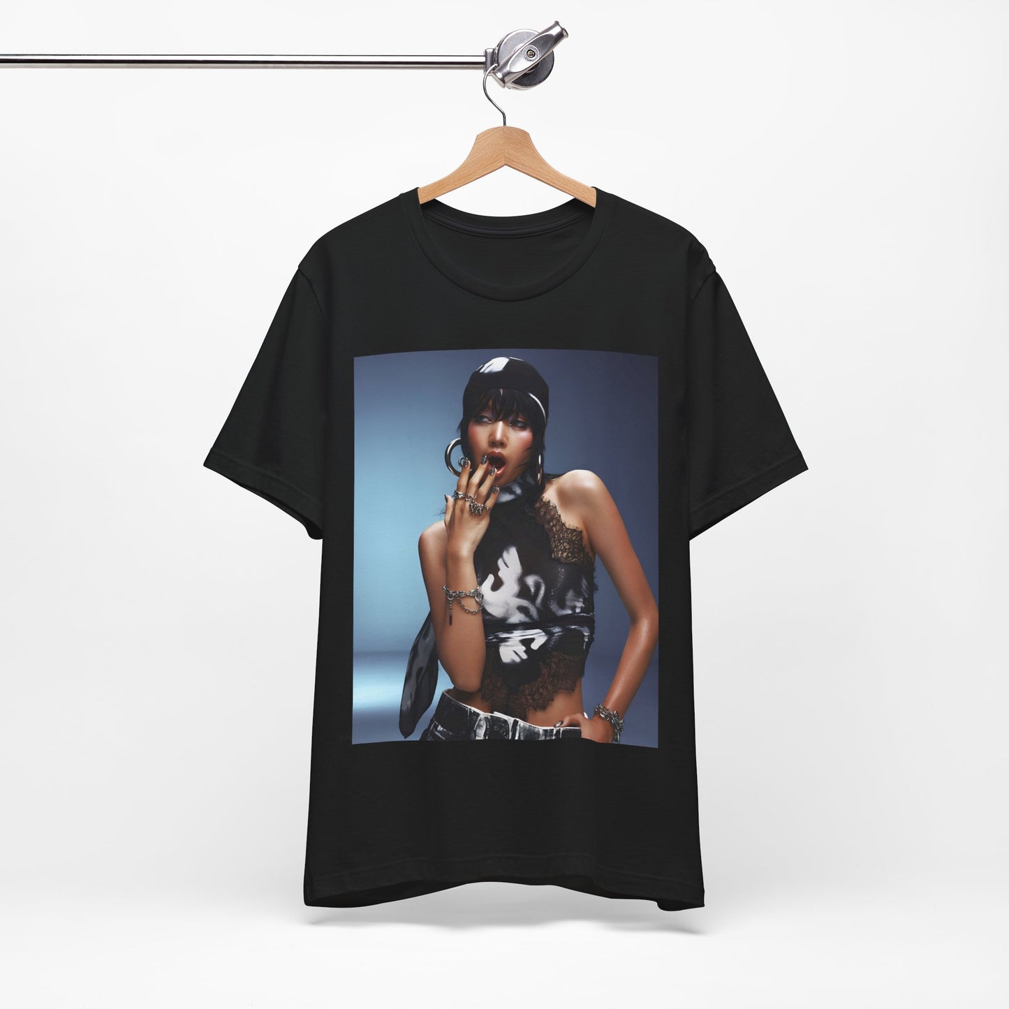 A black graphic t-shirt featuring a vintage K-Pop dance queen graphic of Lisa.