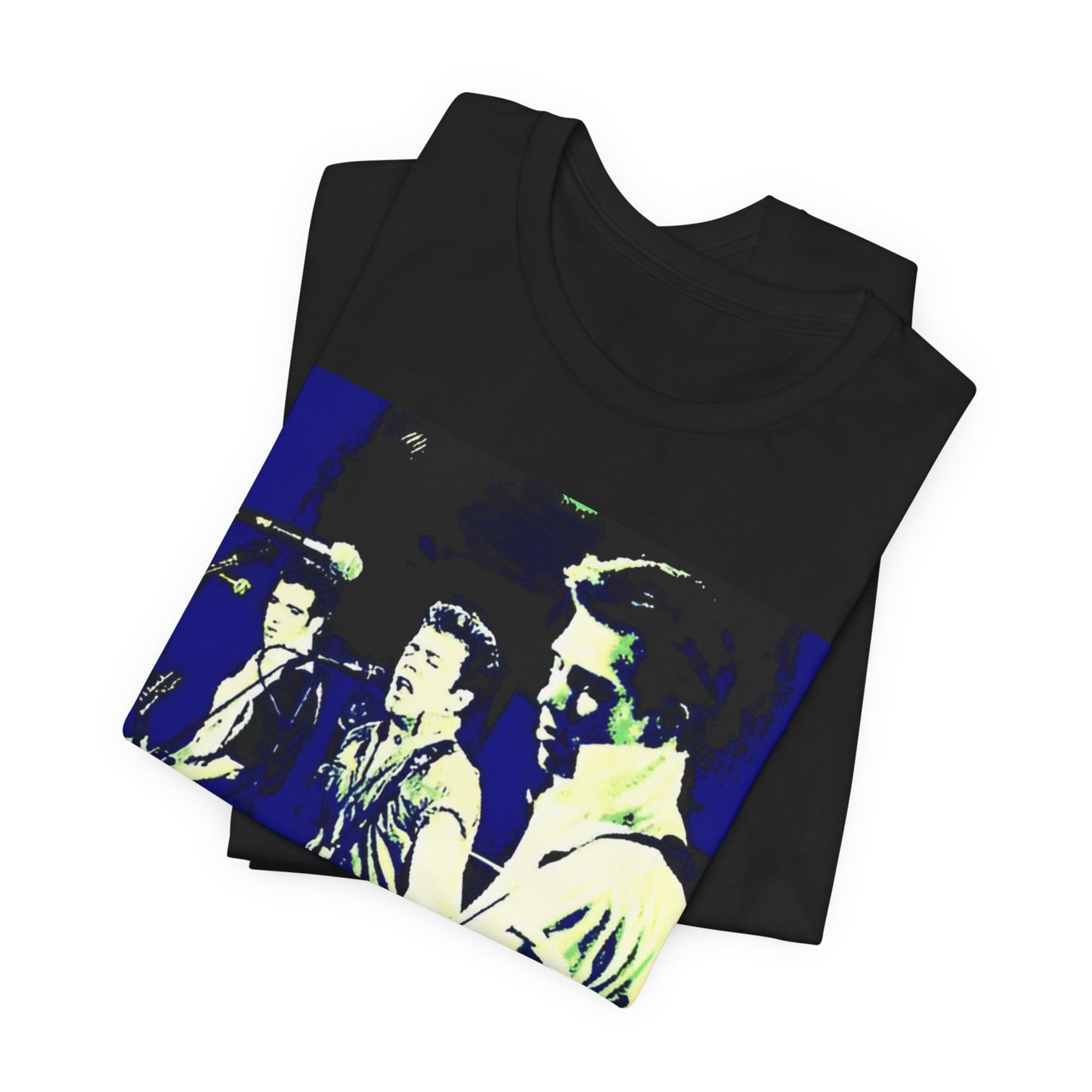 A black graphic t-shirt featuring a 70s aesthetic punk rock graphic of The Clash.