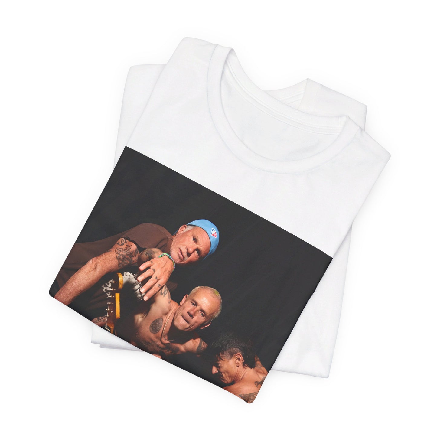 A black graphic t-shirt featuring a psychedelic vibes graphic related to Red Hot Chili Peppers.