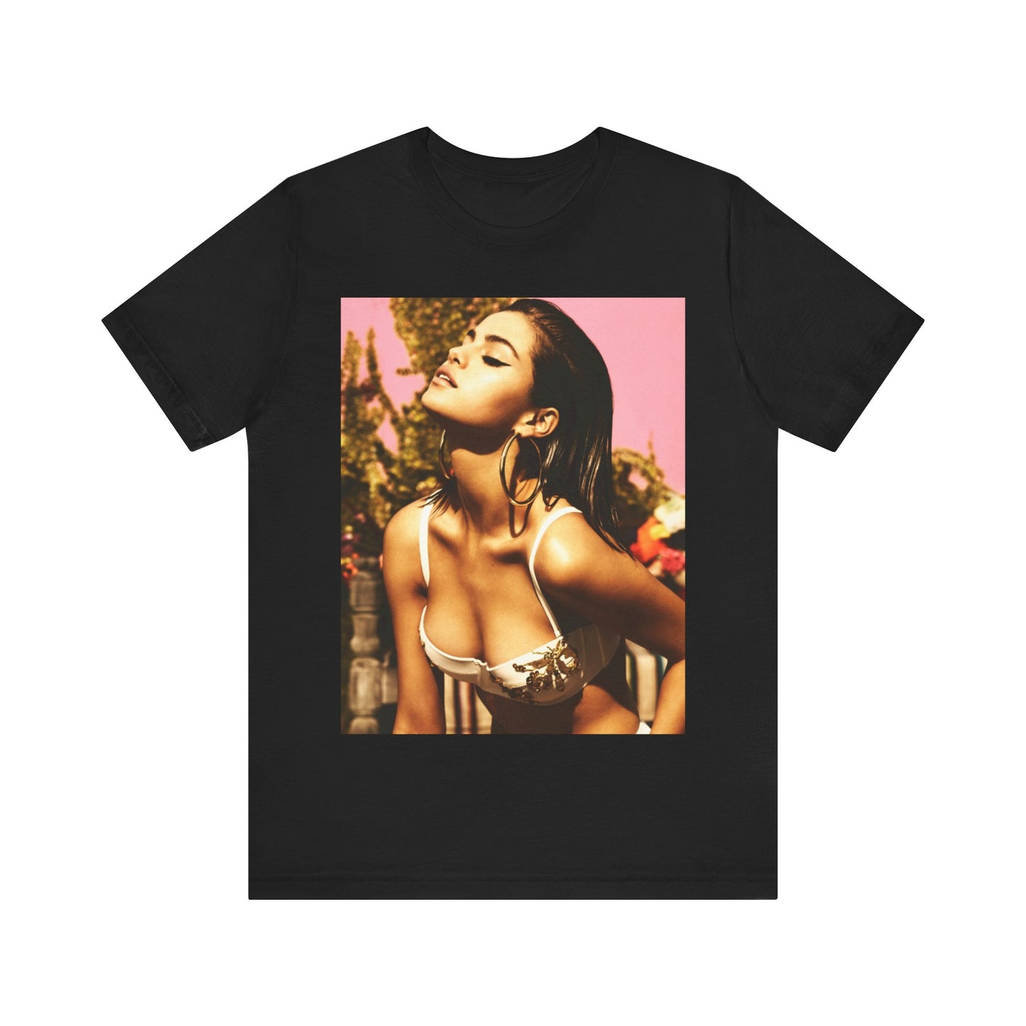 A black graphic t-shirt featuring a graphic of Selena Gomez emphasizing her timeless beauty.