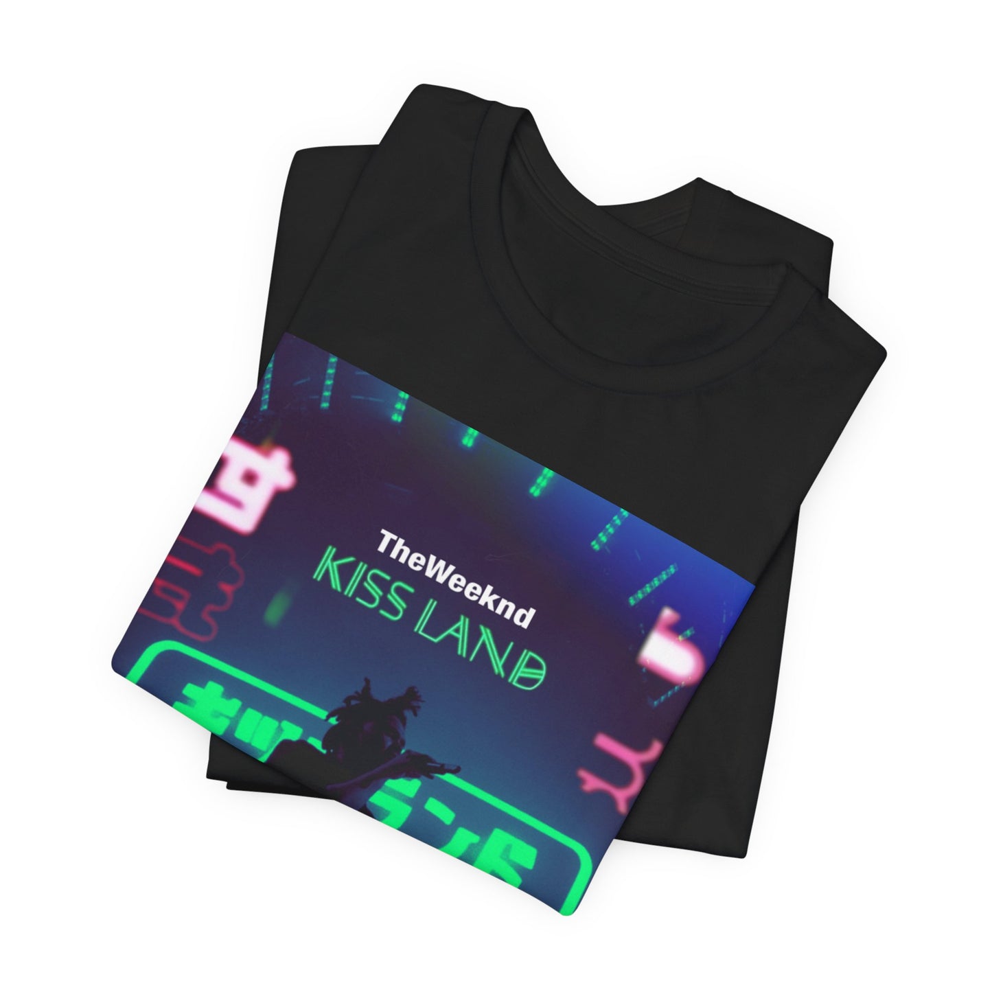 A black graphic t-shirt featuring a graphic related to The Weeknd's 'Kiss Land' live performances.