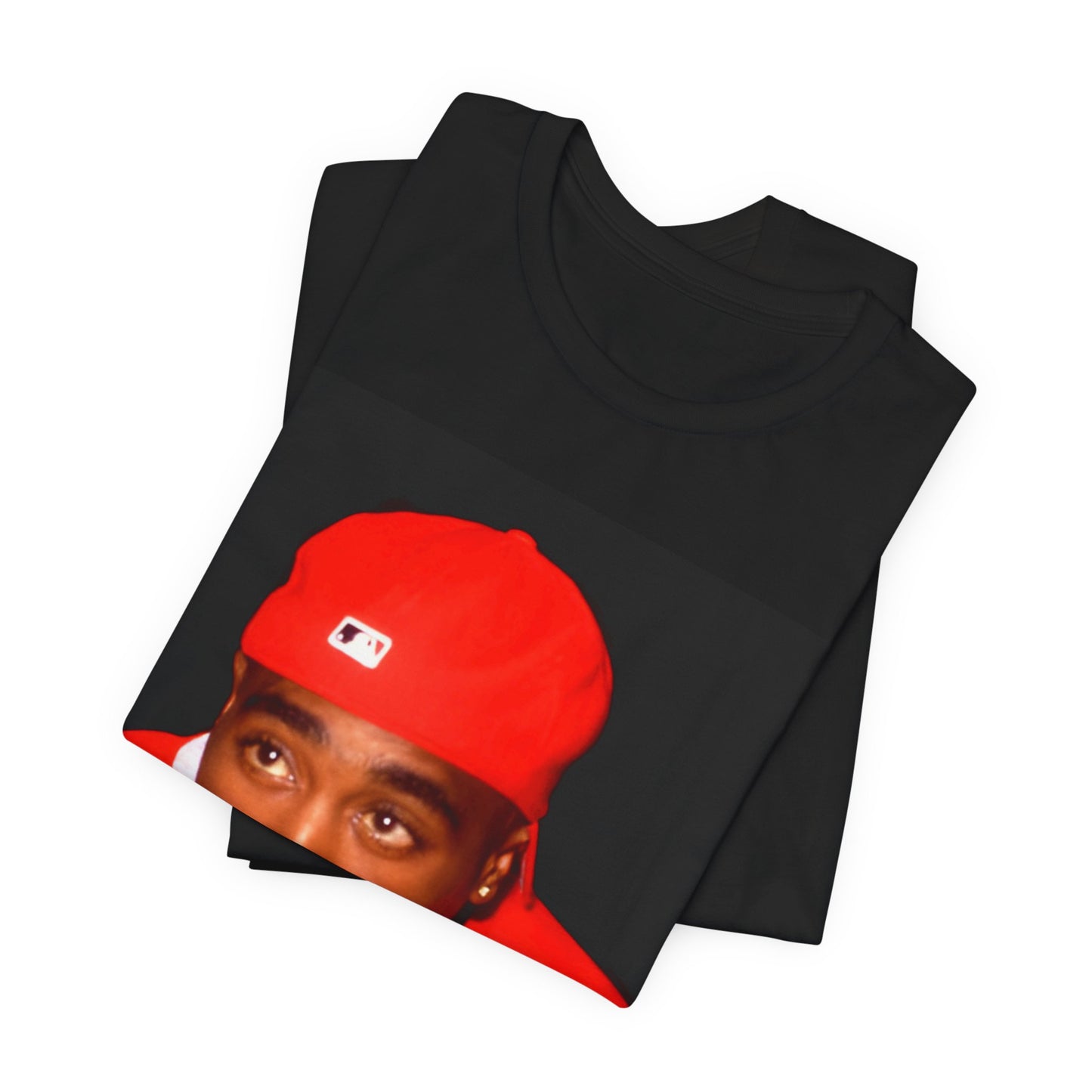A black graphic t-shirt featuring a fierce graphic related to Tupac's 'California Love' song or era.