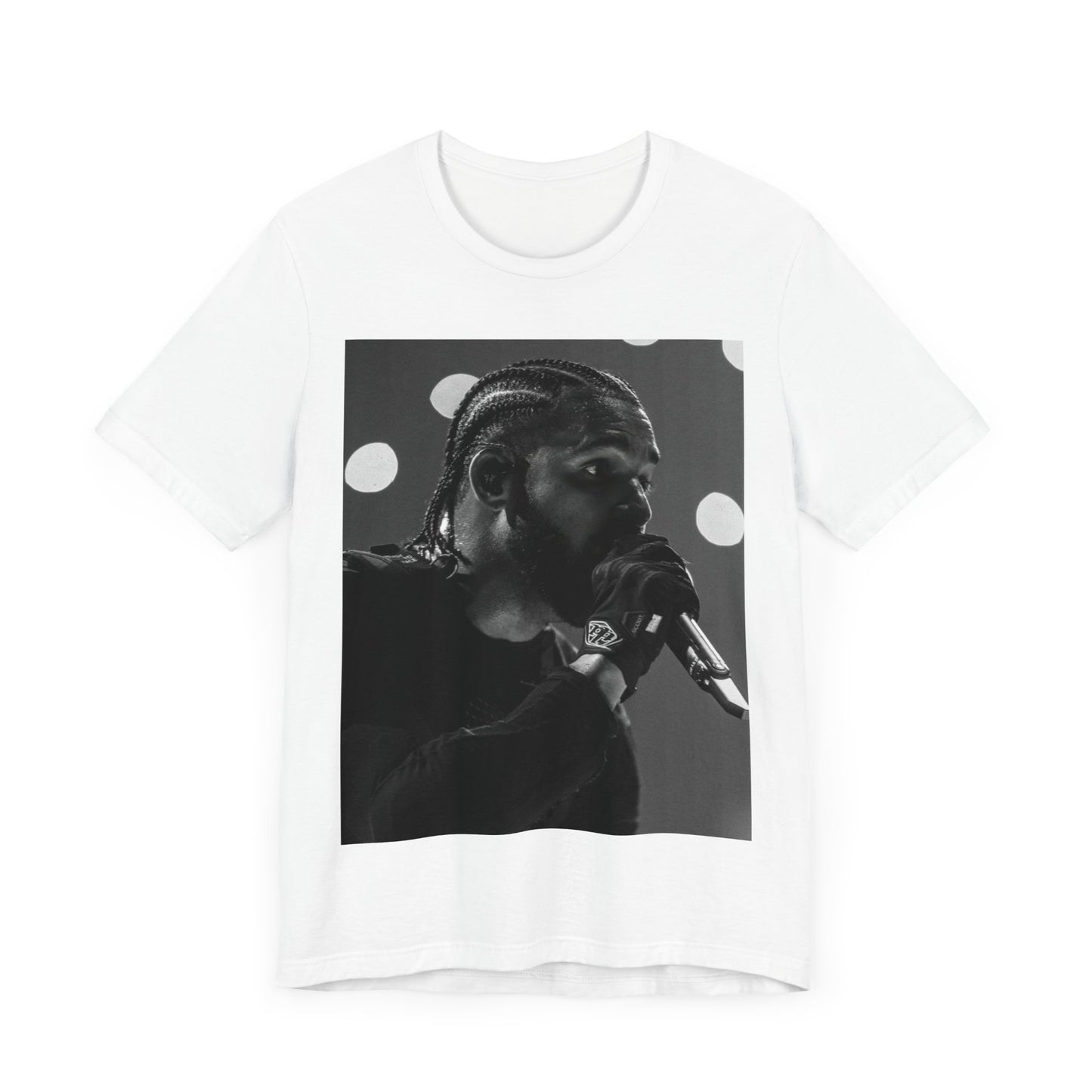 A black graphic t-shirt featuring a classic black and white style graphic of Drake.