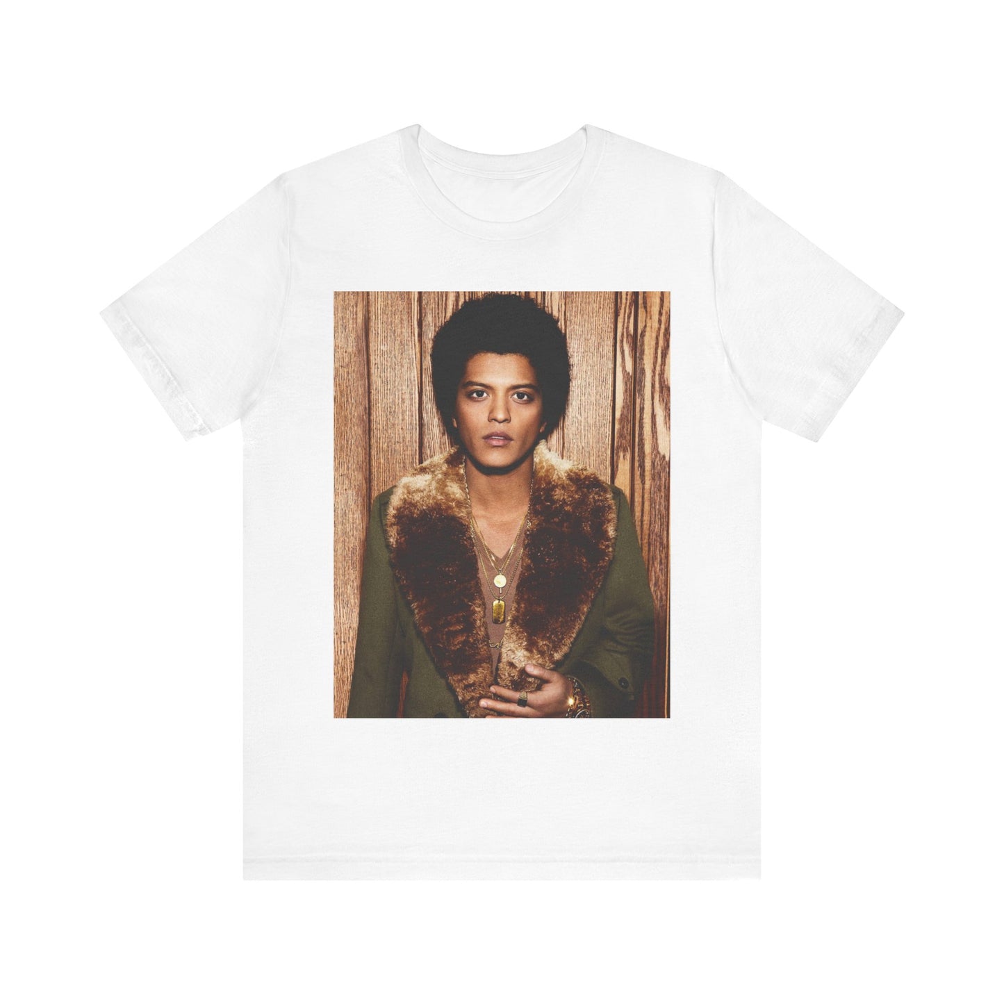 A black graphic t-shirt featuring a graphic related to Bruno Mars' "Just the Way You Are" song or era.