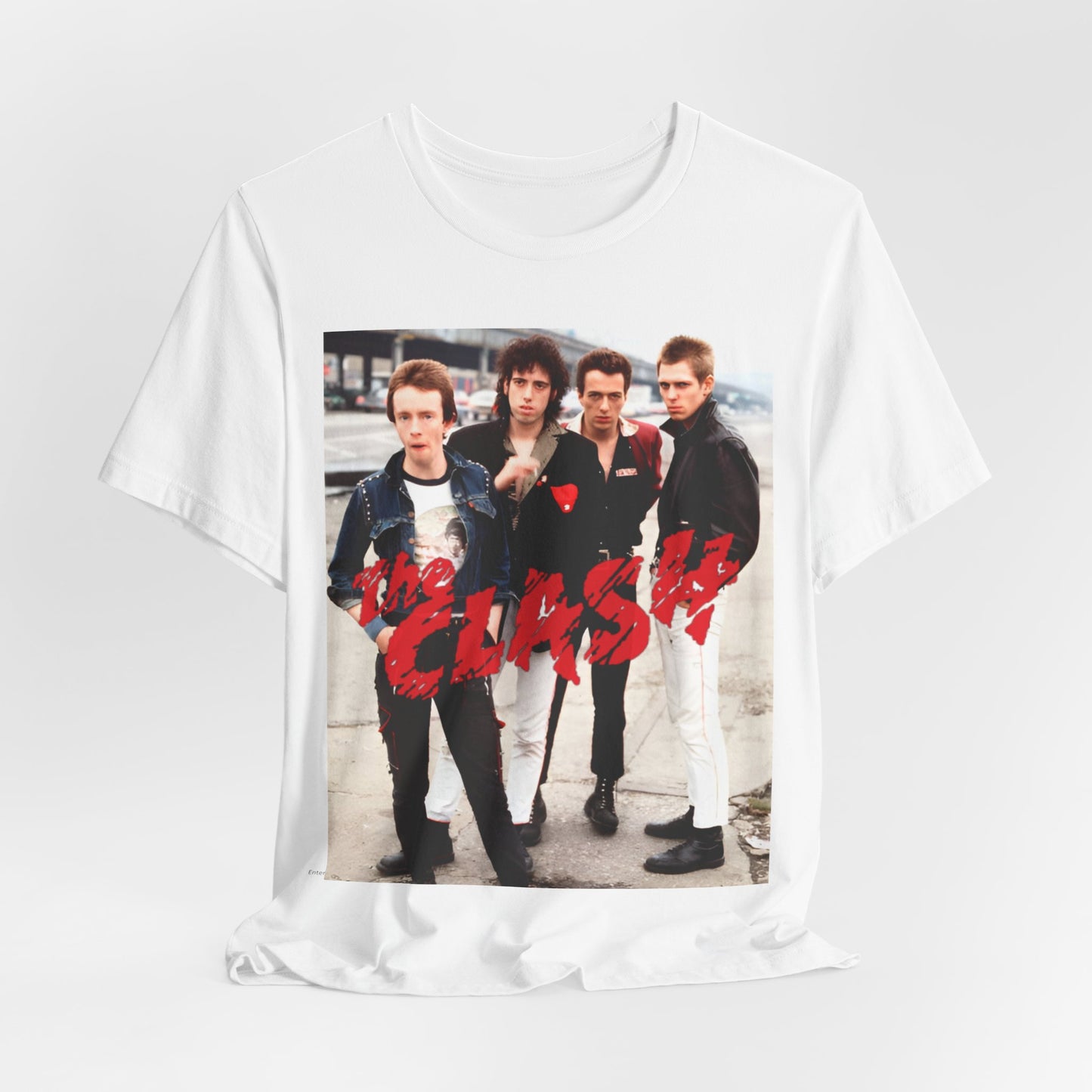 A black graphic t-shirt featuring a graphic of The Clash with an everyday punk style aesthetic.