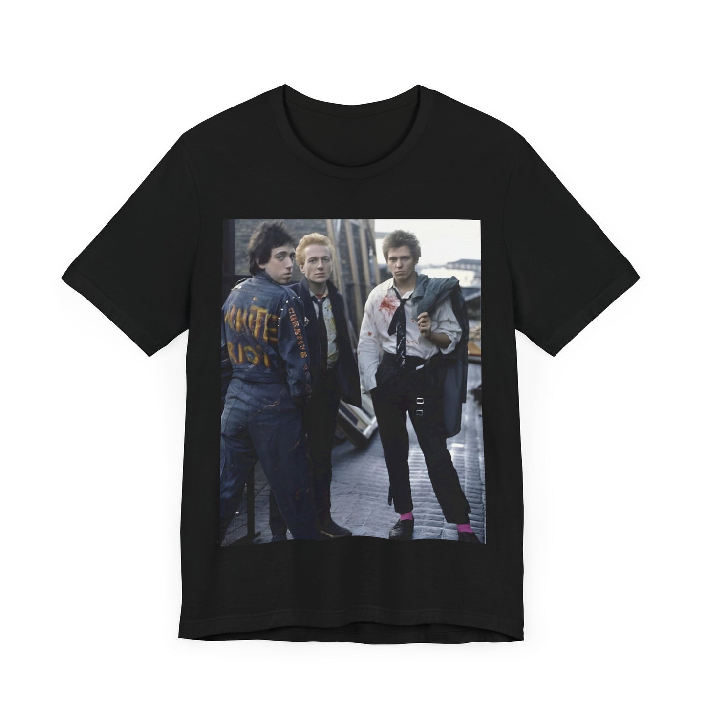 A black graphic t-shirt featuring a graphic of The Clash with a fearless attitude.