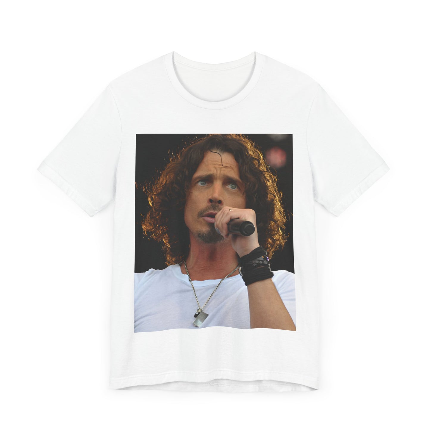 A black graphic t-shirt featuring a graphic related to Chris Cornell's song 'Like a Stone' or Audioslave.