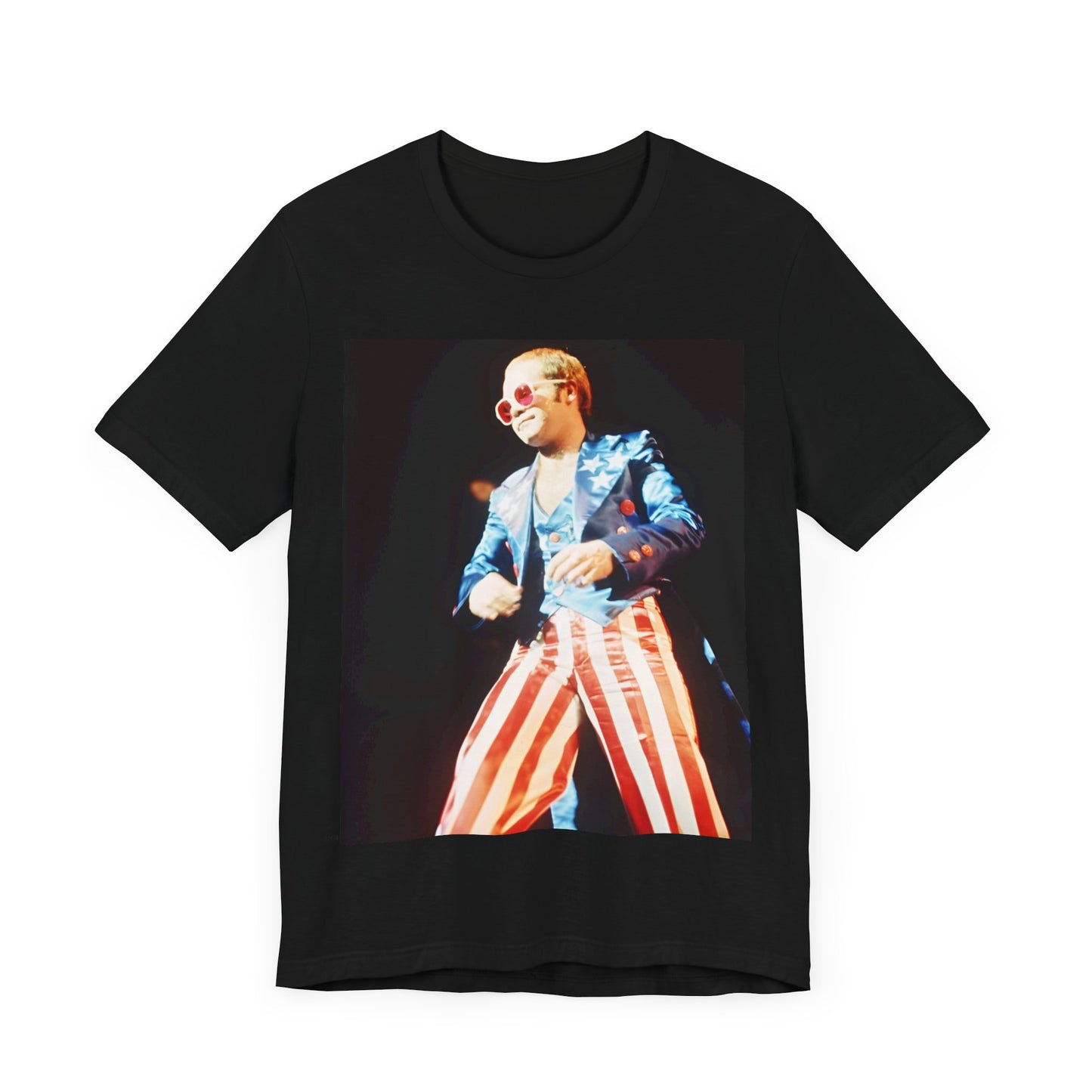 A black graphic t-shirt featuring a graphic related to Elton John's 70s America tour.