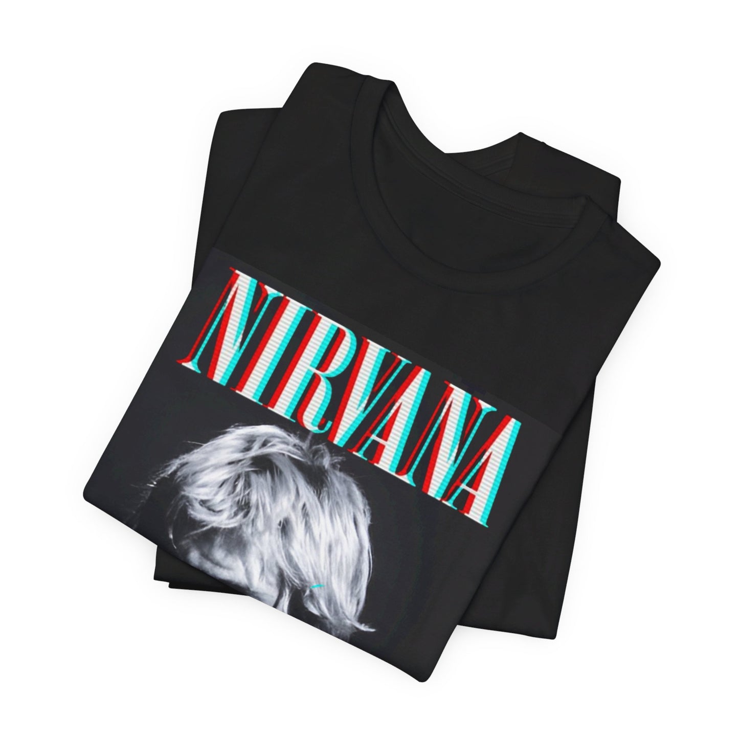 A black graphic t-shirt featuring an aesthetic graphic of Nirvana.