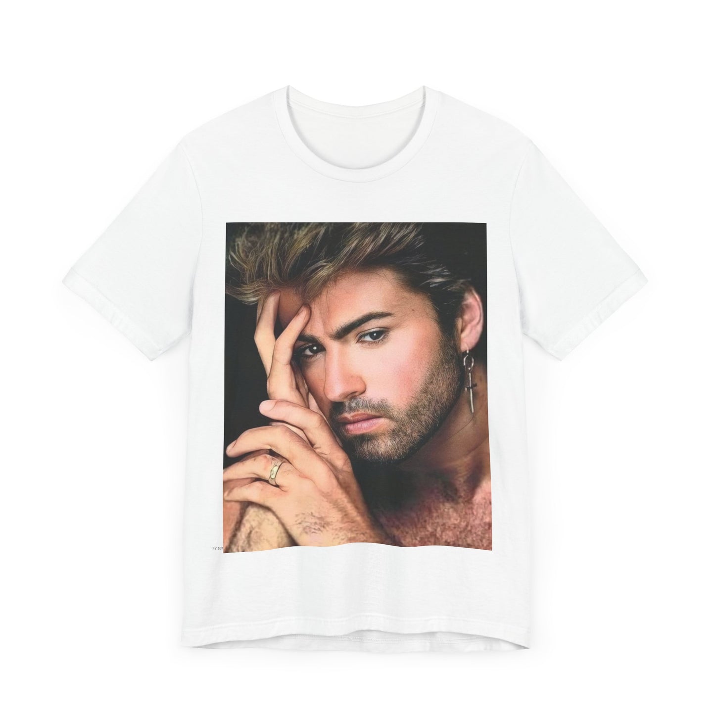 A black graphic t-shirt featuring a graphic of George Michael with a feel-good 80s vibe.