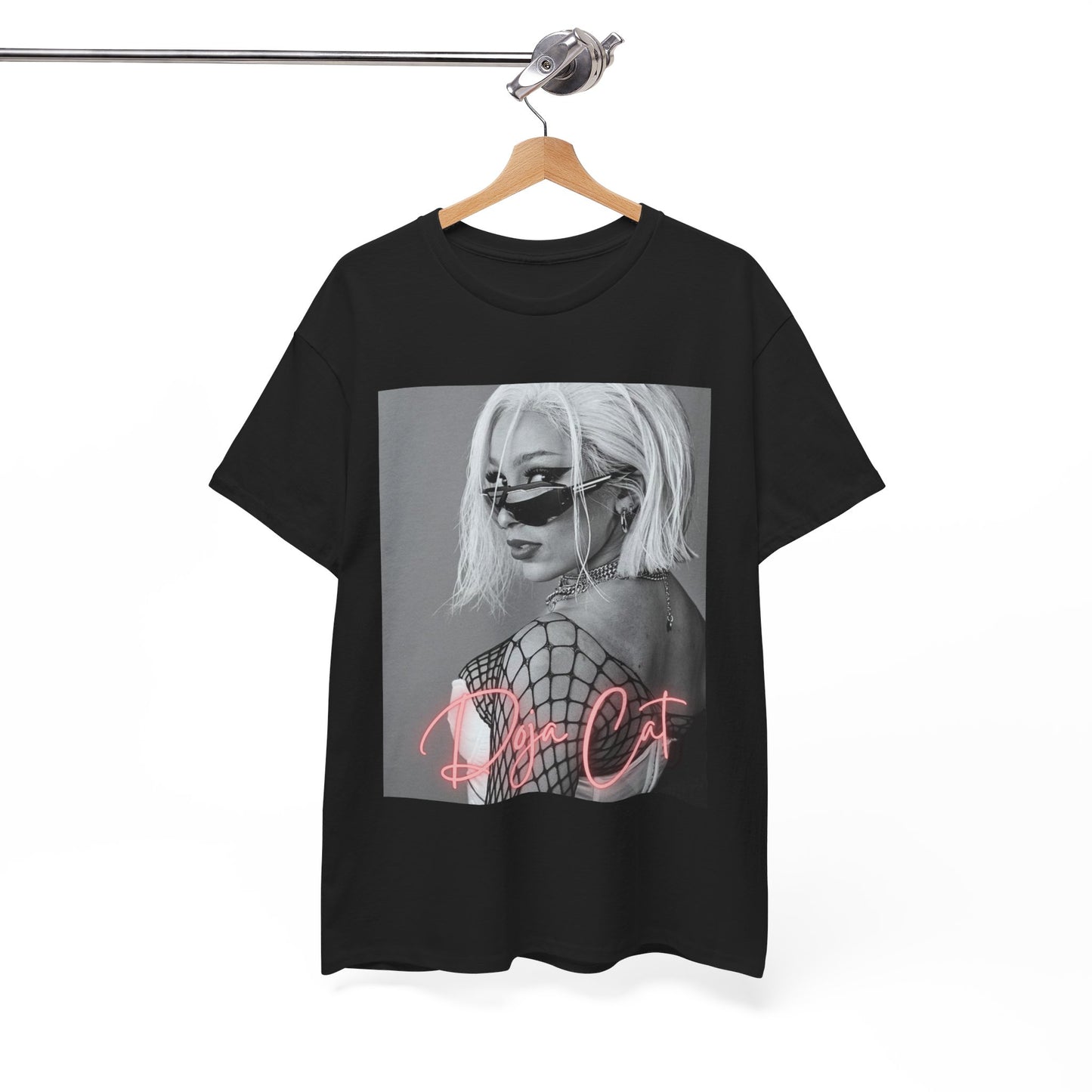 A black graphic t-shirt featuring a black and white portrait photo of Doja Cat.