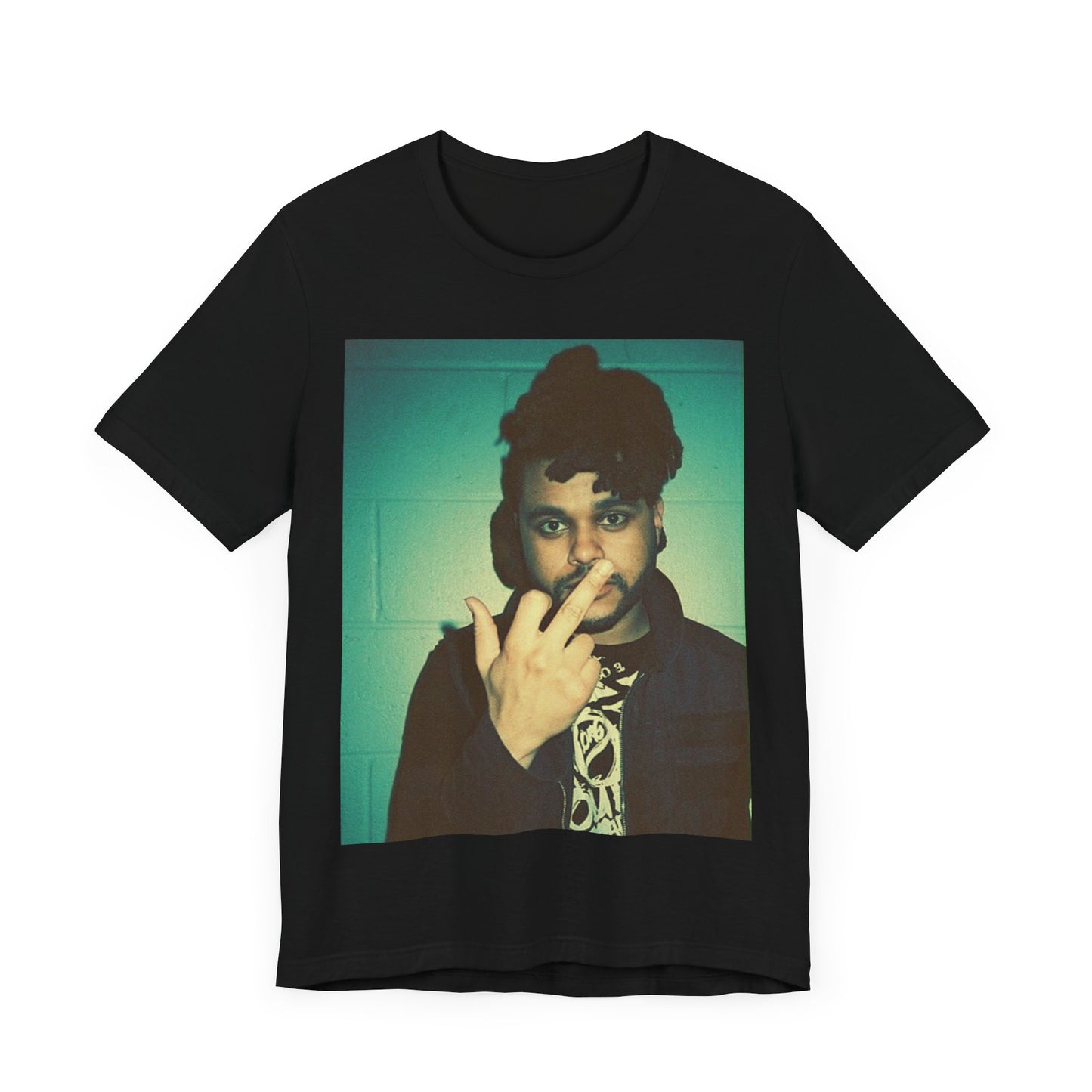 A black graphic t-shirt featuring a graphic of The Weeknd making the middle finger gesture.