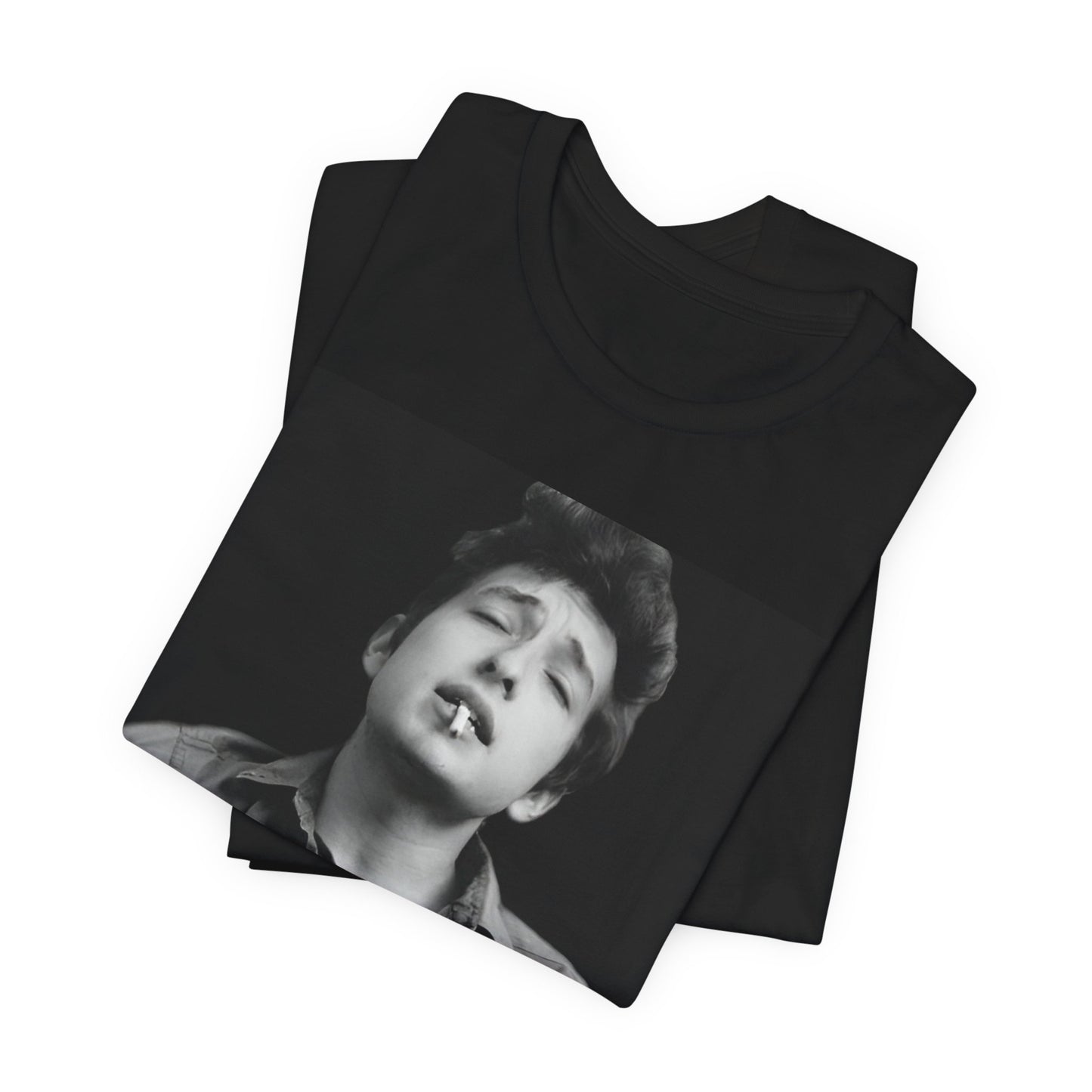 A black graphic t-shirt featuring a photo of Bob Dylan with his acoustic guitar.