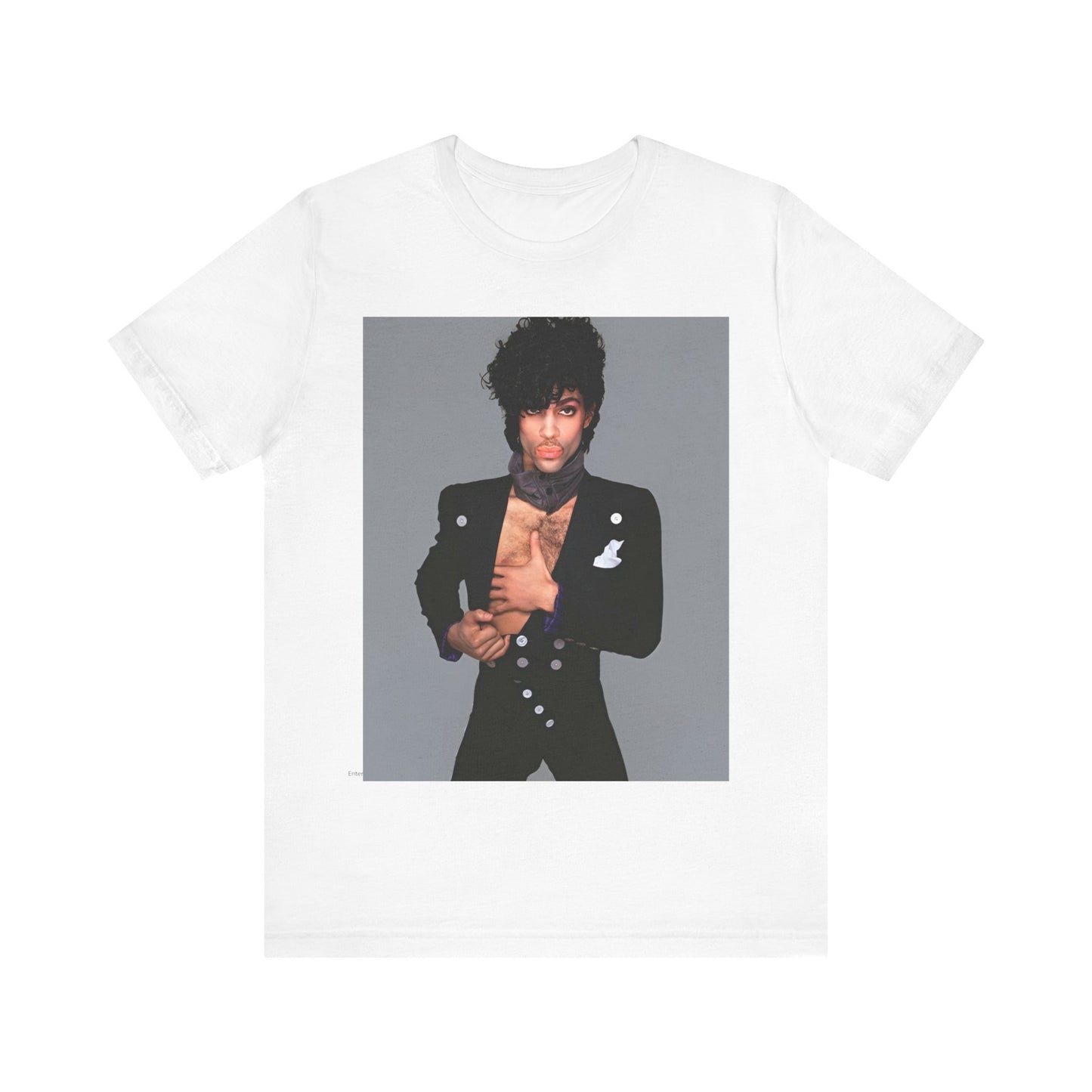 A black graphic t-shirt featuring a 90s vintage funk pop icon graphic of Prince.