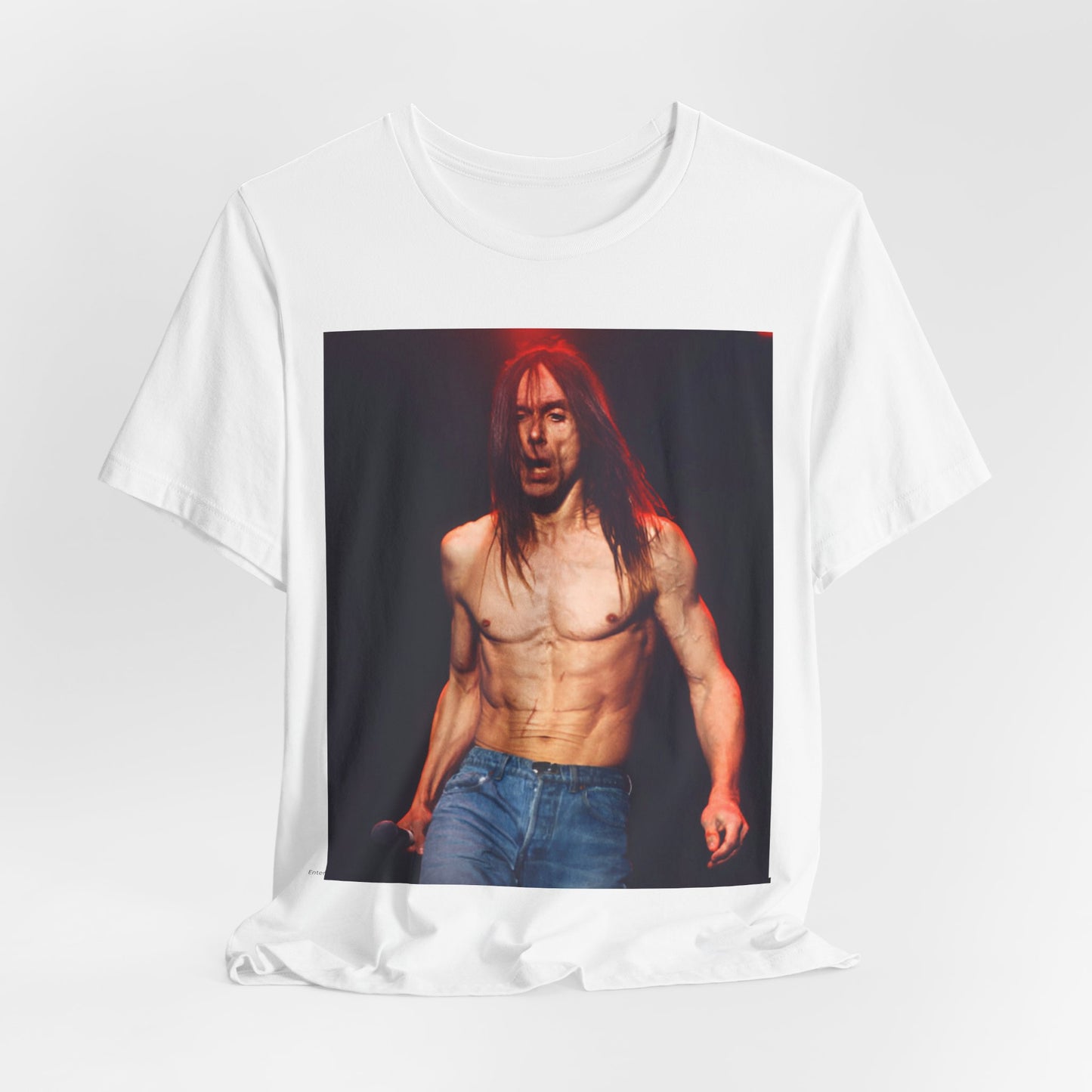 A black graphic t-shirt featuring a graphic related to Iggy Pop's 'Raw Power' era.