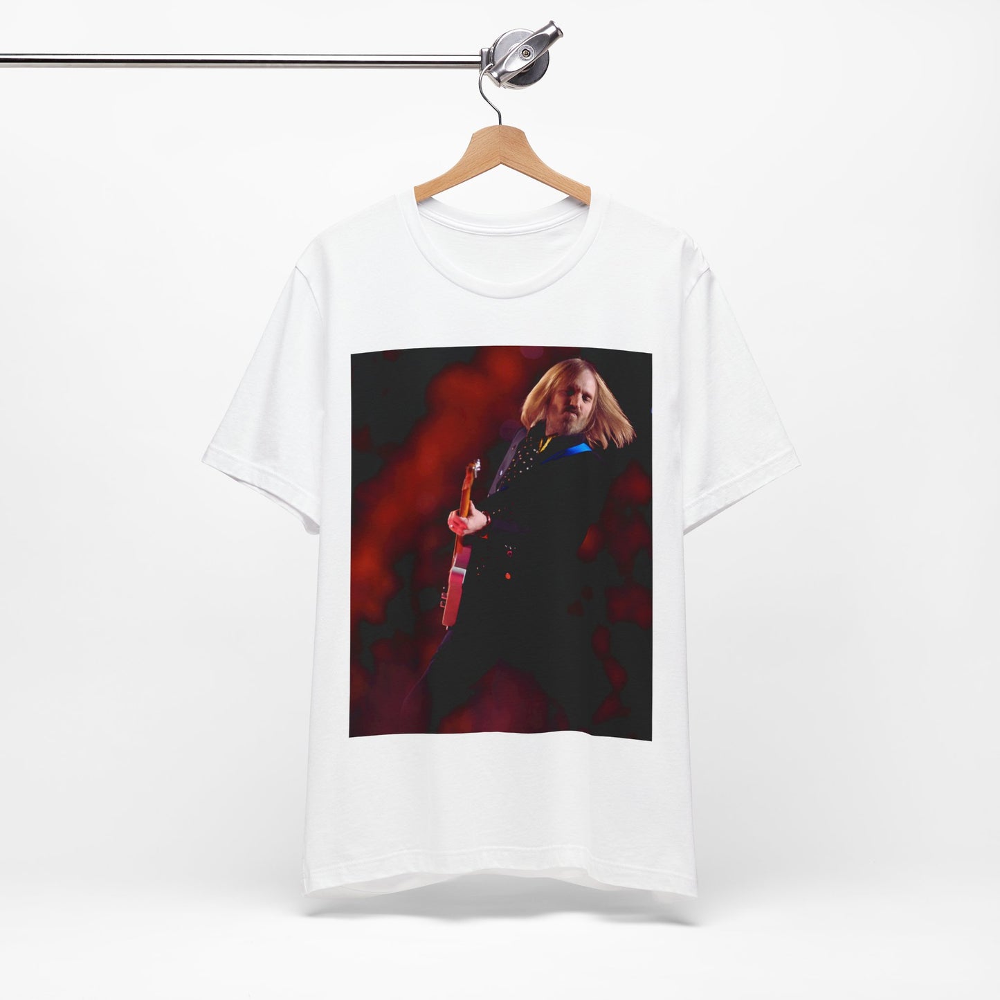 A black graphic t-shirt featuring a graphic or photo of Tom Petty as a powerhouse live performer.