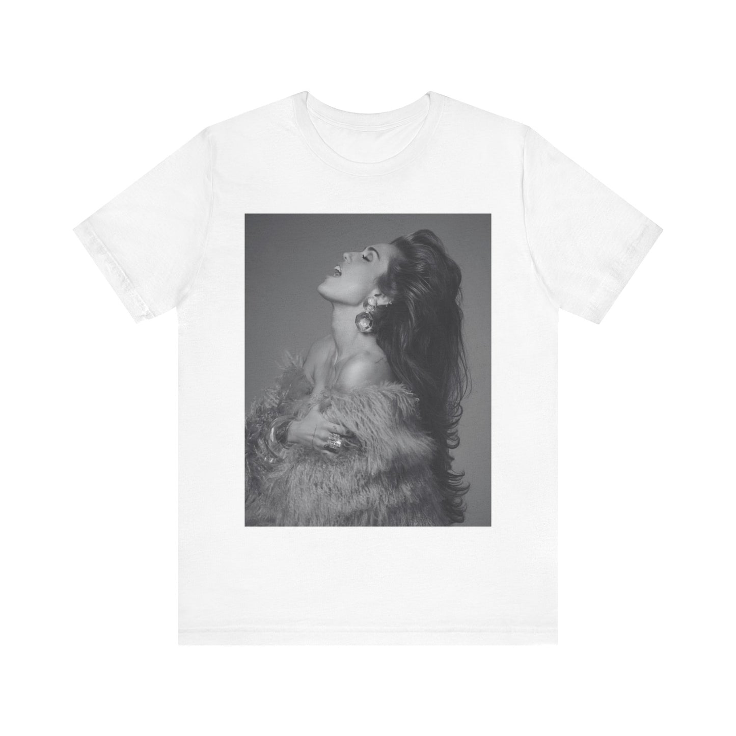 A black graphic t-shirt featuring a black and white portrait photo of Miley Cyrus.