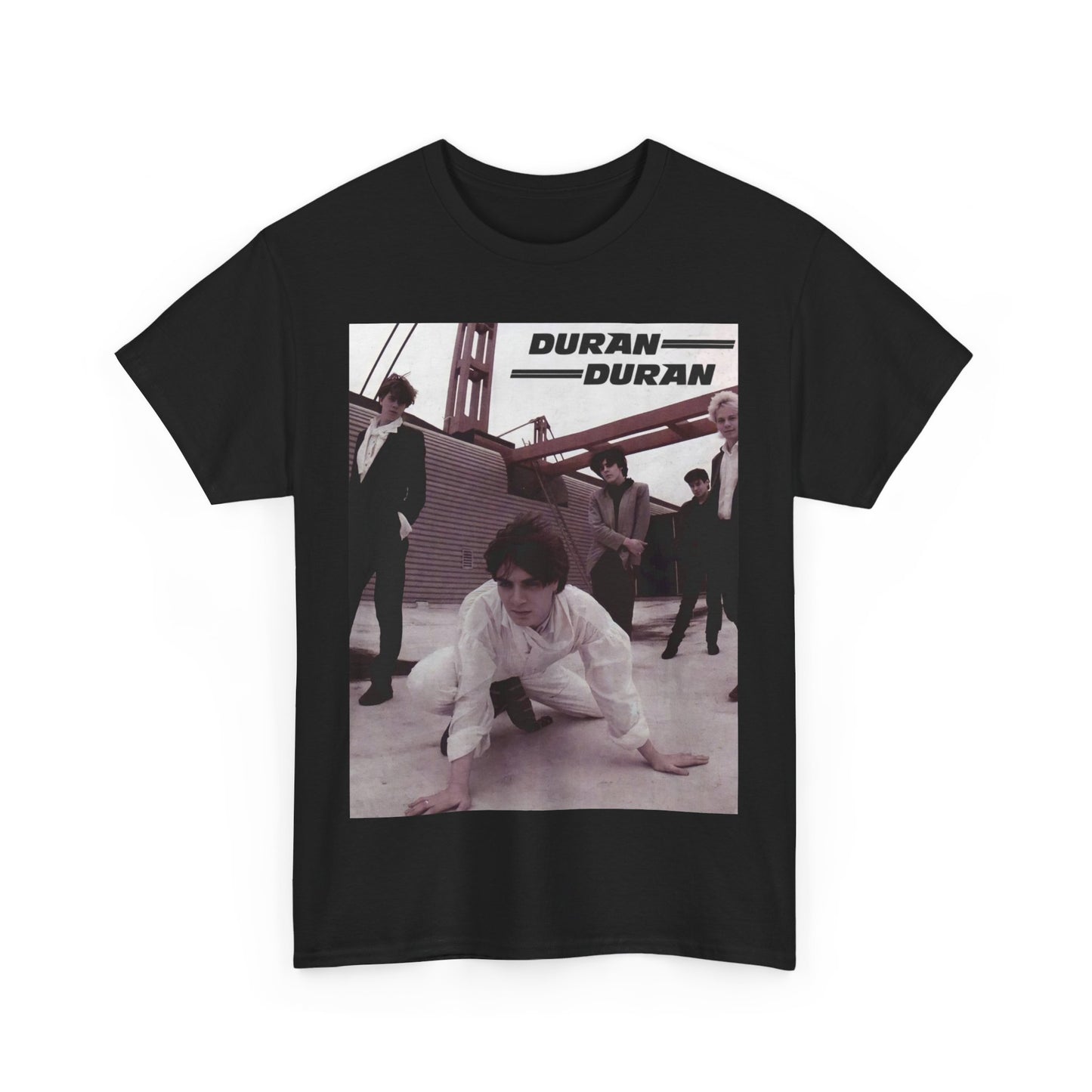 A black graphic t-shirt featuring a graphic related to Duran Duran's 'Hungry Like the Wolf' song or era.
