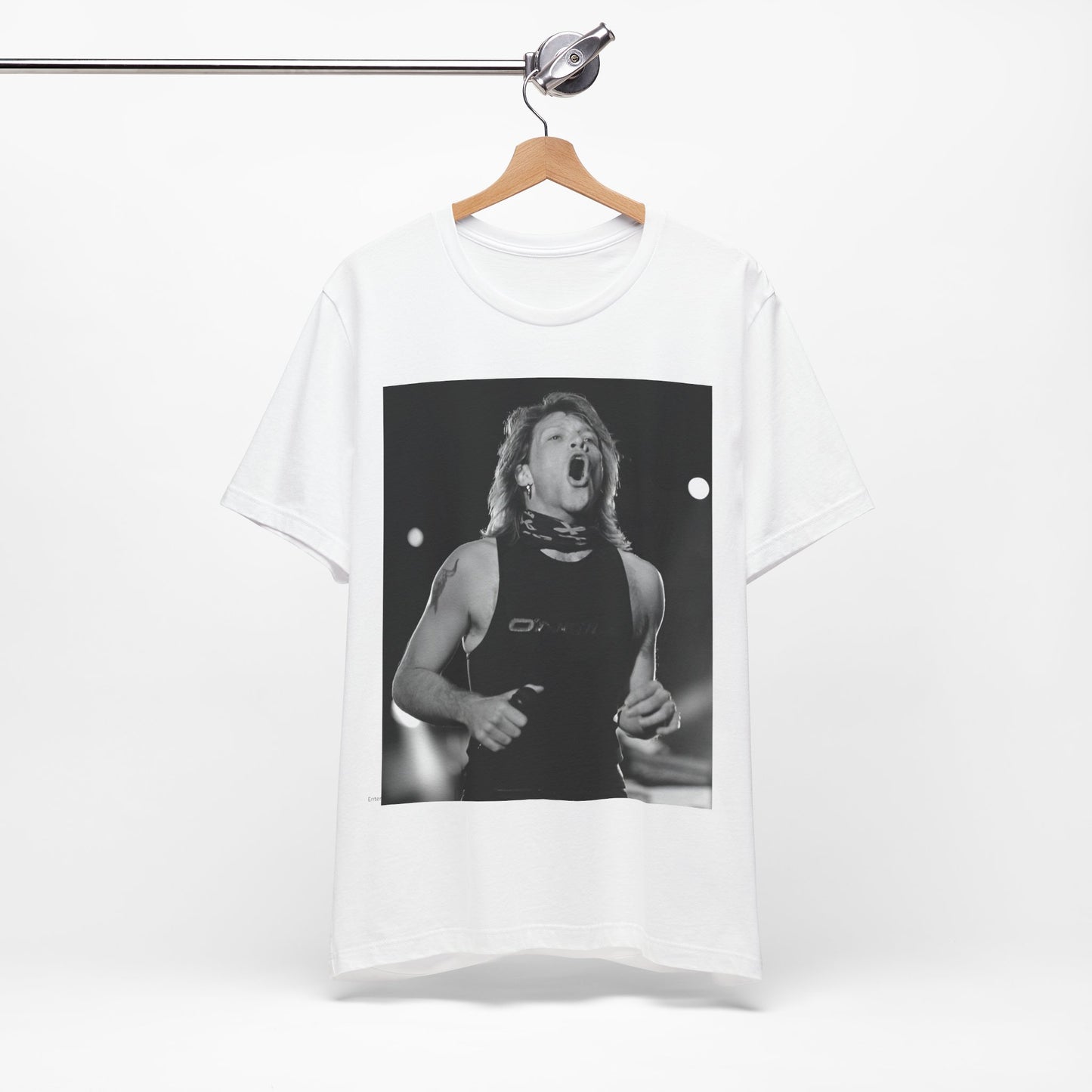A black graphic t-shirt featuring a black and white iconic graphic or photo of Bon Jovi as superstars.