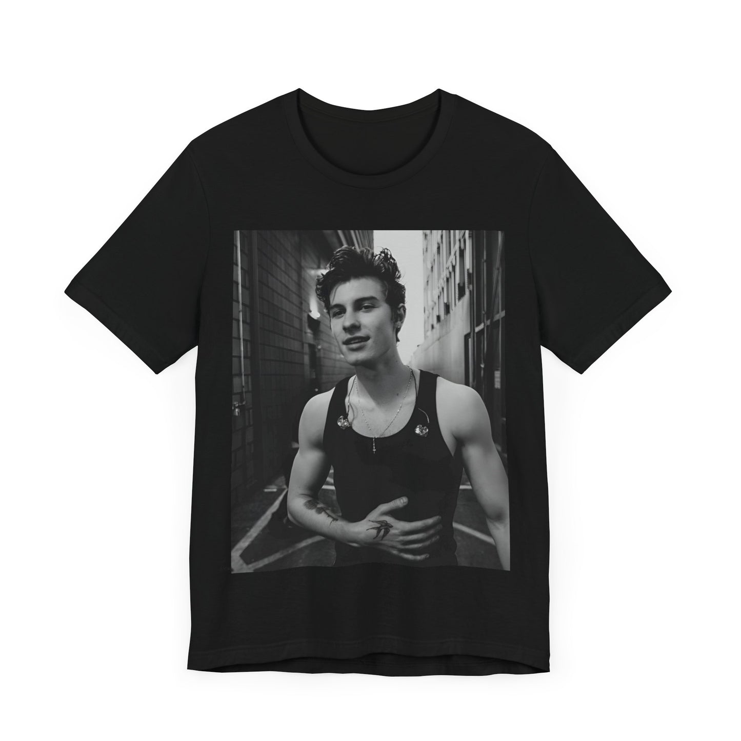 A black graphic t-shirt featuring a vintage black and white portrait graphic or photo of Shawn Mendes.