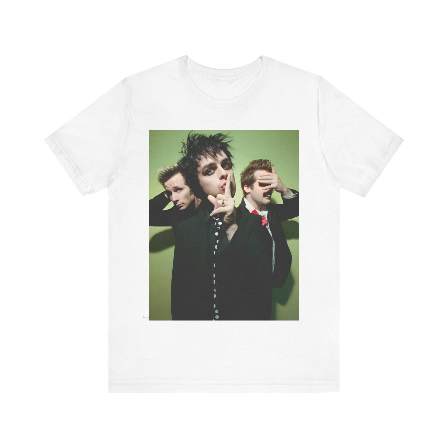 A black graphic t-shirt featuring a classic 90s pop-punk aesthetic graphic of Green Day.