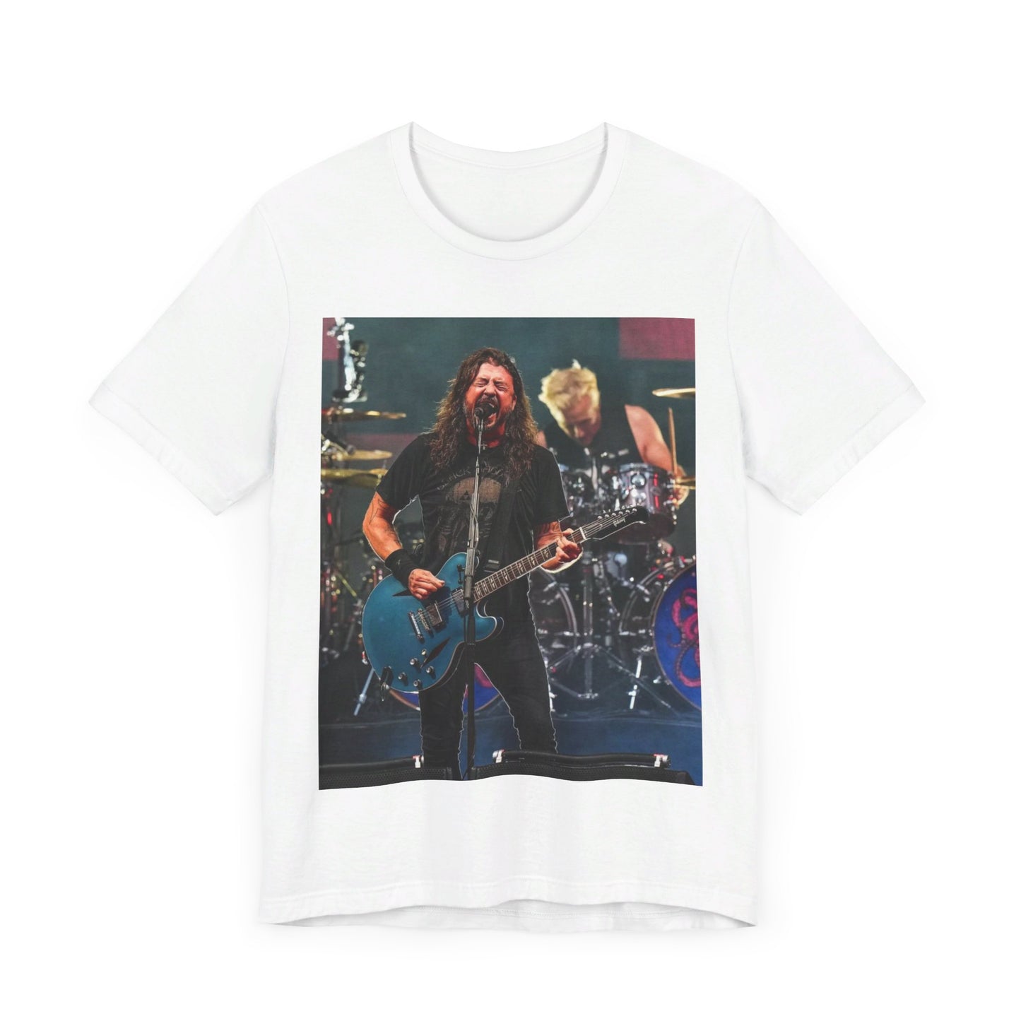A black graphic t-shirt featuring a graphic of Foo Fighters as stadium rockstars.