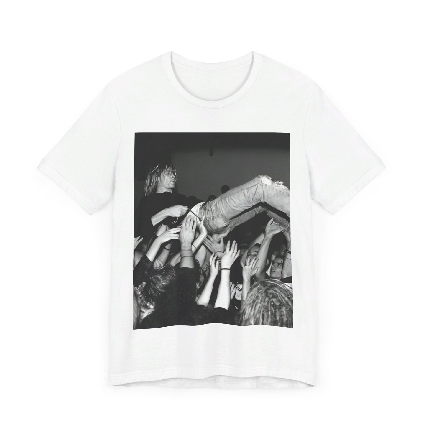 A black graphic t-shirt featuring a 90s graphic or photo of Kurt Cobain from Nirvana stage diving.