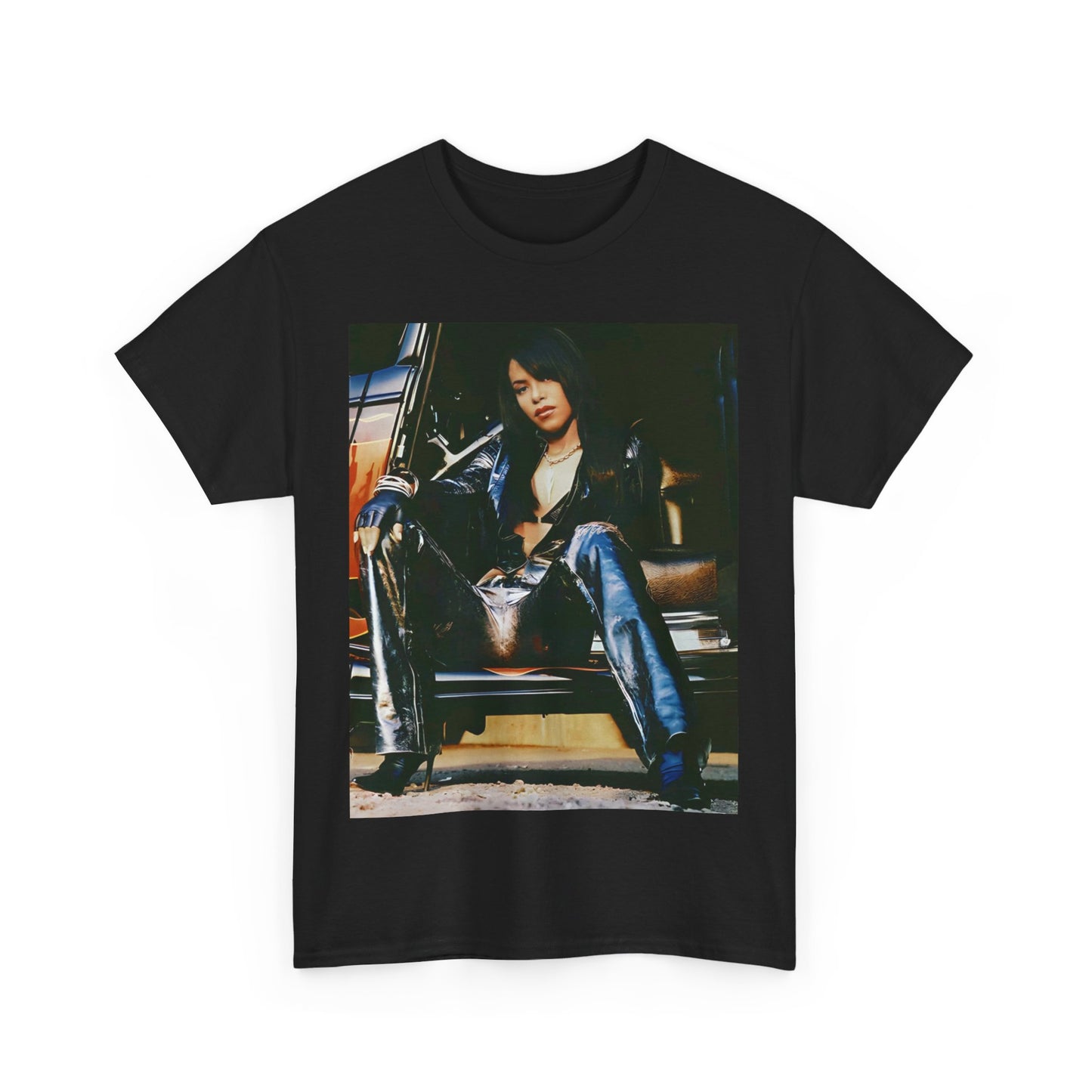 A black graphic t-shirt featuring a cool futuristic R&B graphic of Aaliyah.