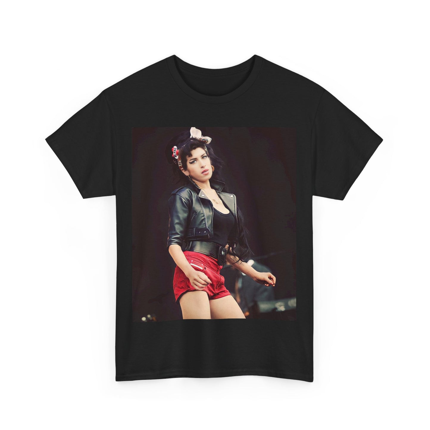 A black graphic t-shirt featuring a photo or illustration of Amy Winehouse on stage, with leather elements and a prominent red background or lighting.
