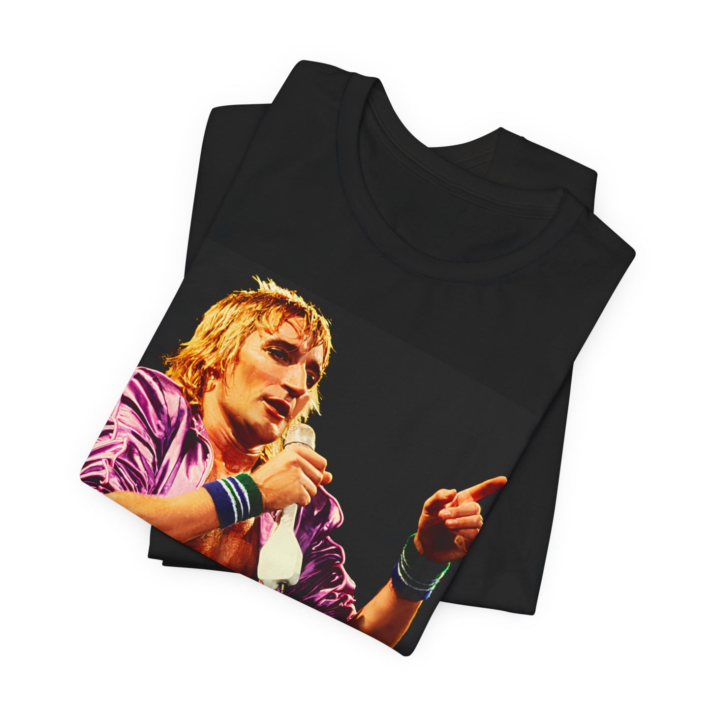 A black graphic t-shirt featuring a graphic of Rod Stewart with a chill 70s rock aesthetic.