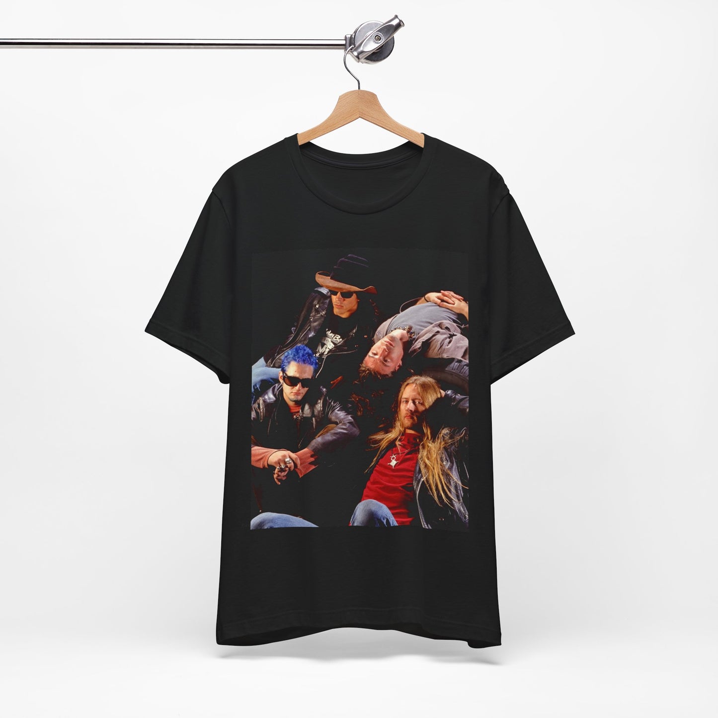 A black graphic t-shirt featuring a 90s grunge rock band graphic for Alice In Chains, possibly with band members or stylized elements.