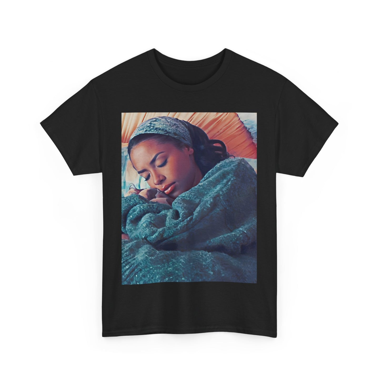 A black graphic t-shirt featuring a 90s R&B princess aesthetic graphic of Aaliyah.