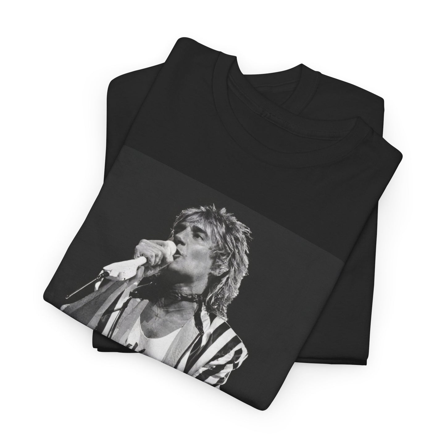 A black graphic t-shirt featuring a vintage graphic or photo of Rod Stewart performing live.
